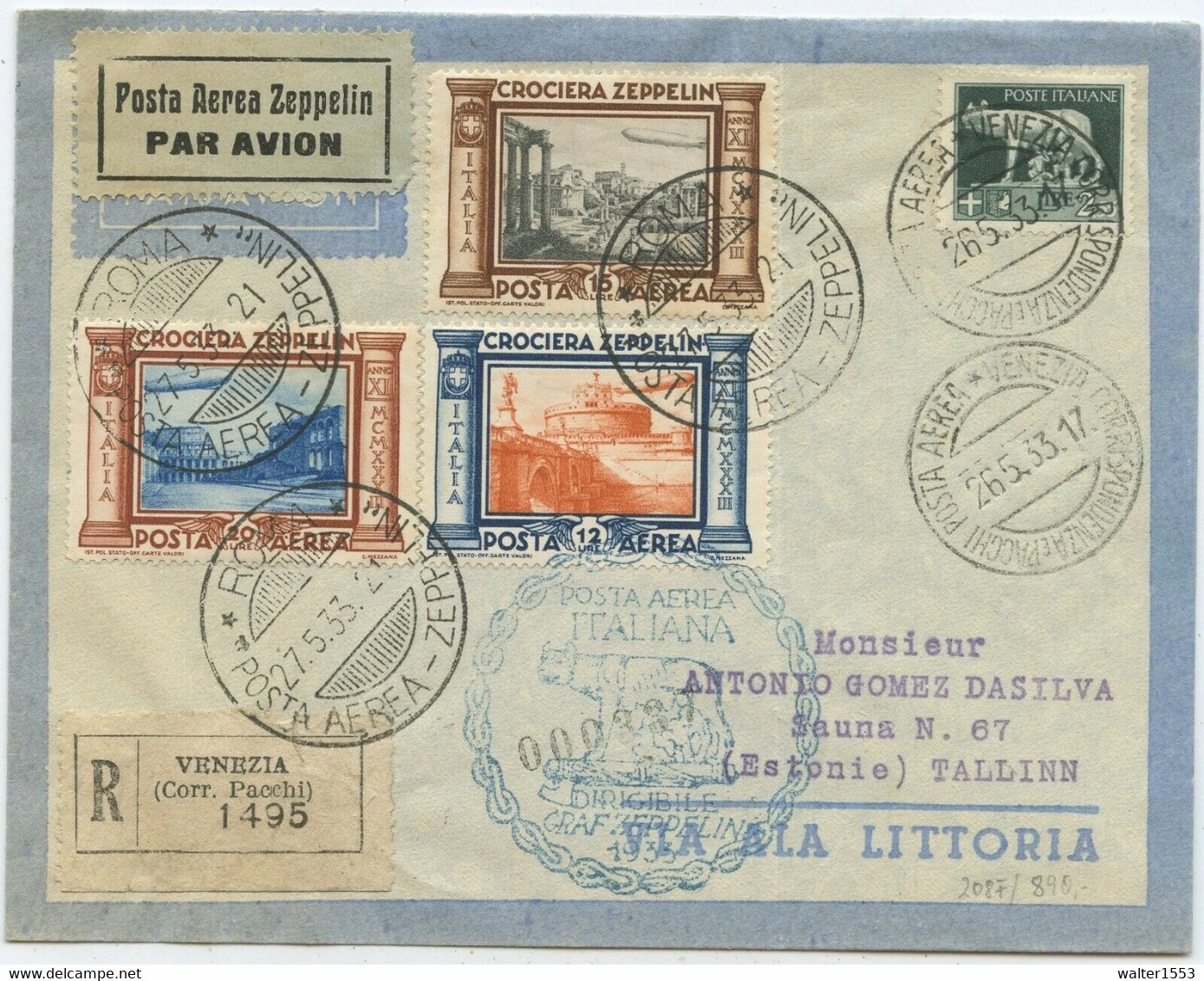 Storia Postale Italia Zeppelin R Lettera Viaggio Italia 1933 Venezia Roma Tallinn Estonia 1933 RARISSIMA !! - Marcophilie (Zeppelin)