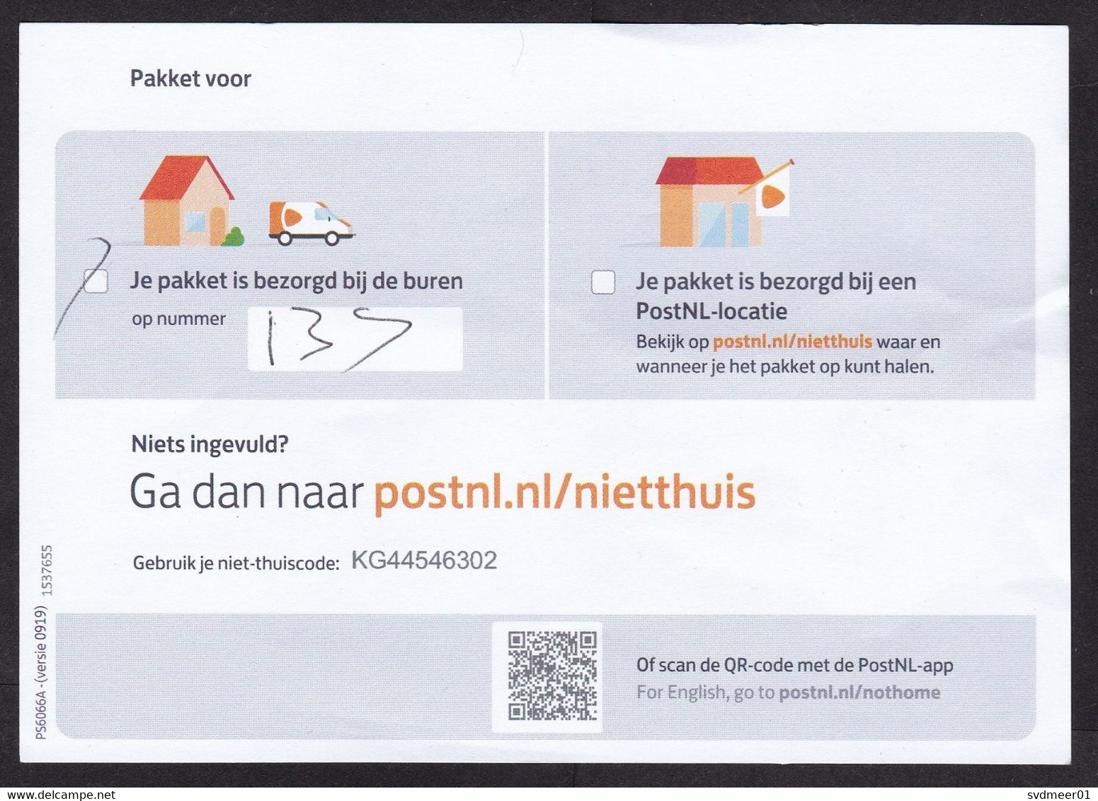 Netherlands: Official Postal Form 'Not At Home, Your Parcel Was Delivered At Your Neighbours', 2021 (minor Crease) - Brieven En Documenten