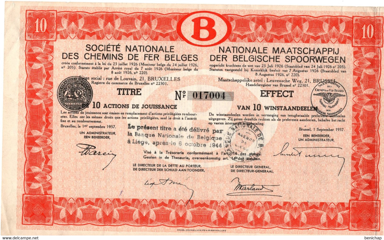 Titre De Bourse NMBS - SNCB -10 Actions De Jouissance -10 Winstaandeelen -1937. - Spoorwegen En Trams