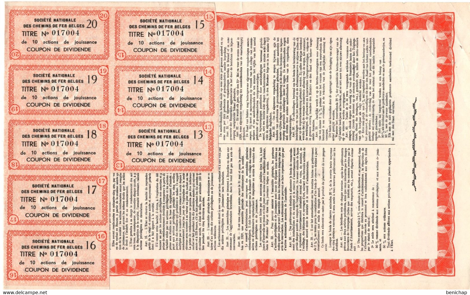 Titre De Bourse NMBS - SNCB -10 Actions De Jouissance -10 Winstaandeelen -1937. - Spoorwegen En Trams