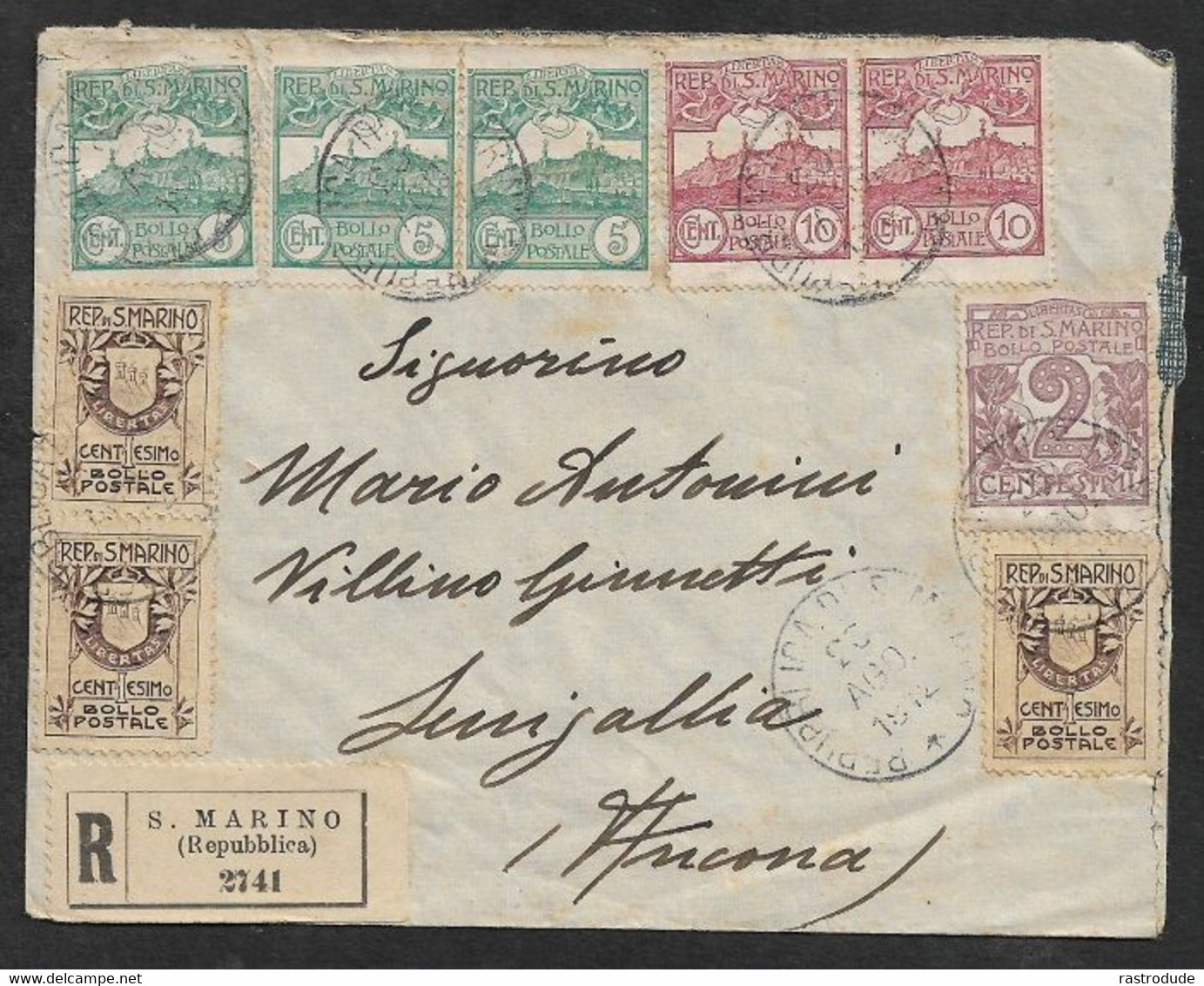 1912 - SAN MARINO - LETTRE RECOMMANDÉ / EINSCHREIBEN 5c(3), 10c(2), 1c(3), 2c - Covers & Documents