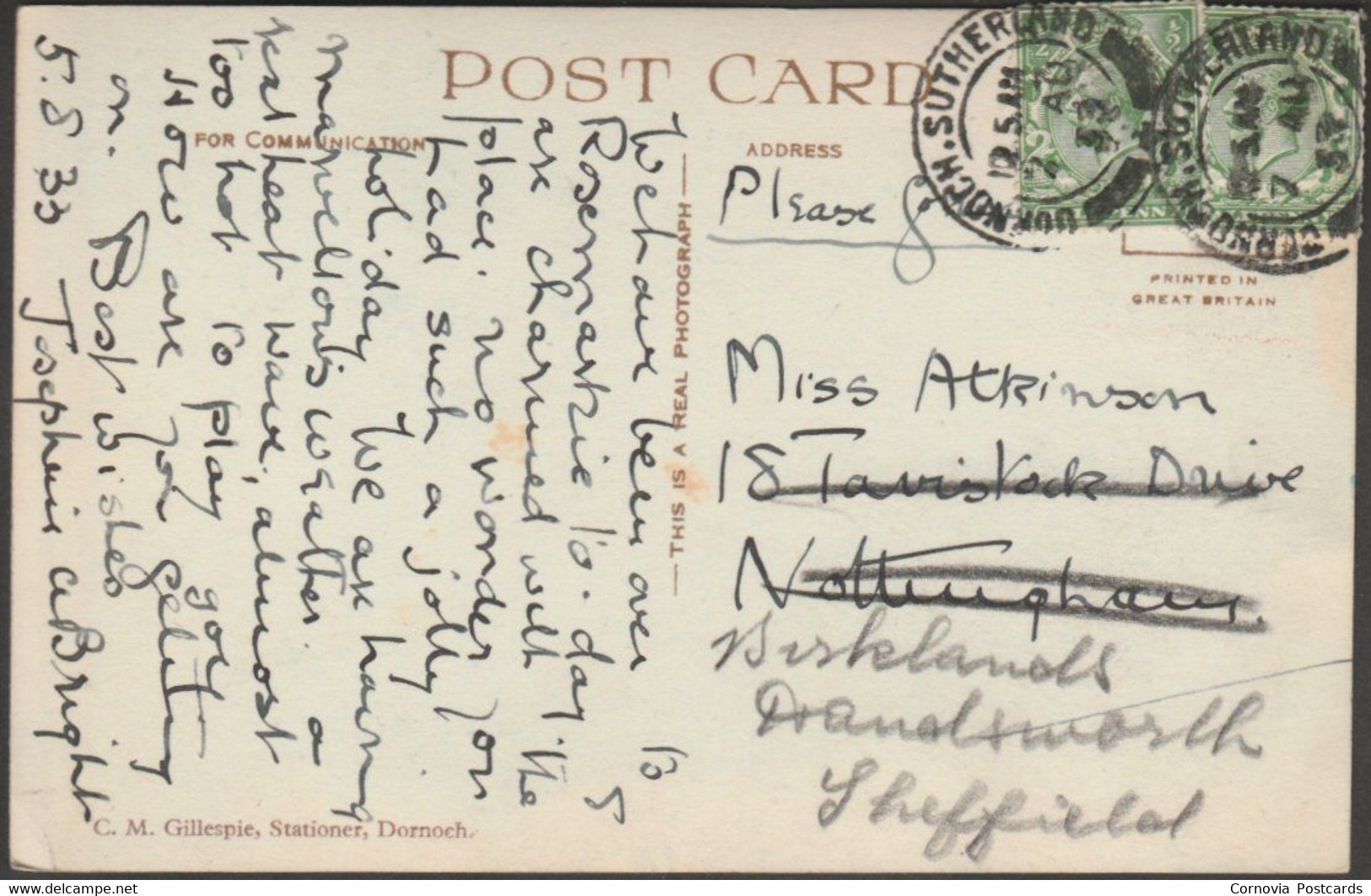 Dornoch Hotel, Dornoch, Sutherland, 1933 - Gillespie RP Postcard - Sutherland
