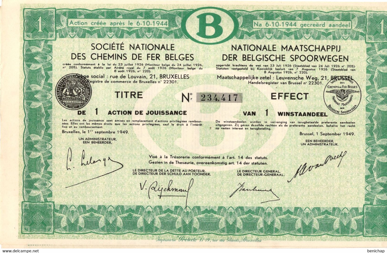 Titre De Bourse NMBS - SNCB -1 Action De Jouissance -1 Winstaandeel - 1949. - Chemin De Fer & Tramway