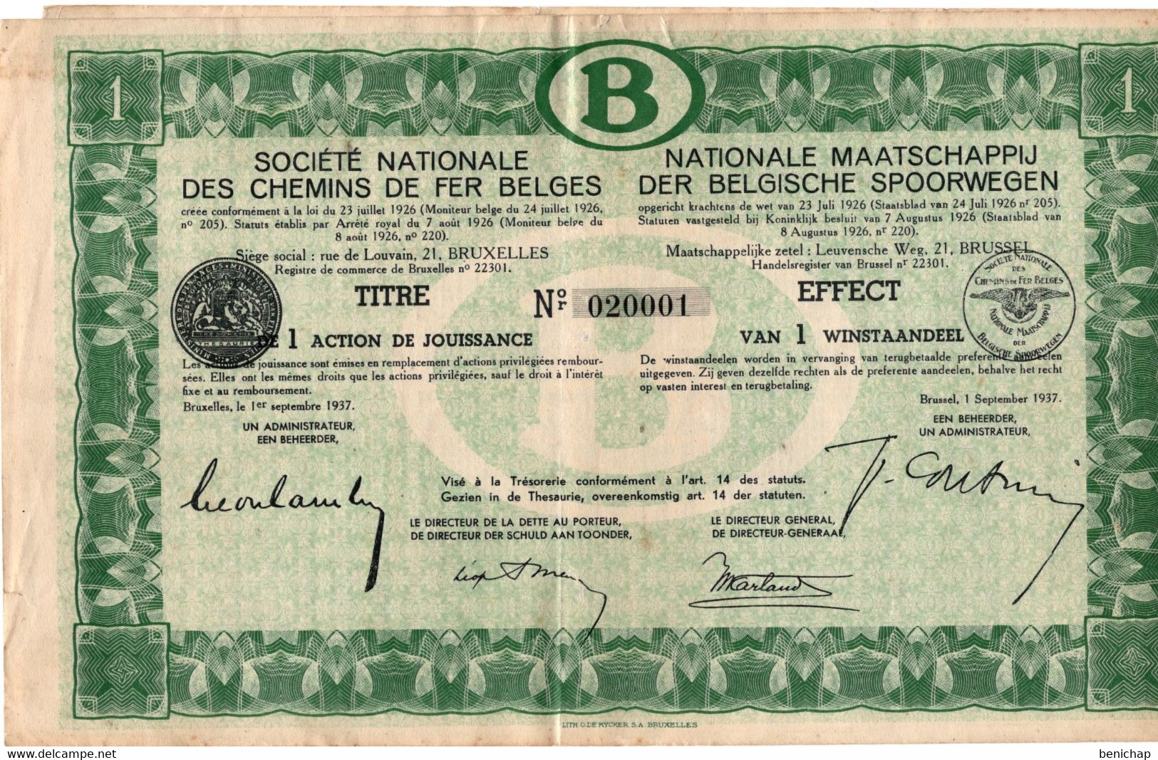 Titre De Bourse NMBS - SNCB - 1 Action De Jouissance - 1 Winstaandeel - 1937. - Chemin De Fer & Tramway