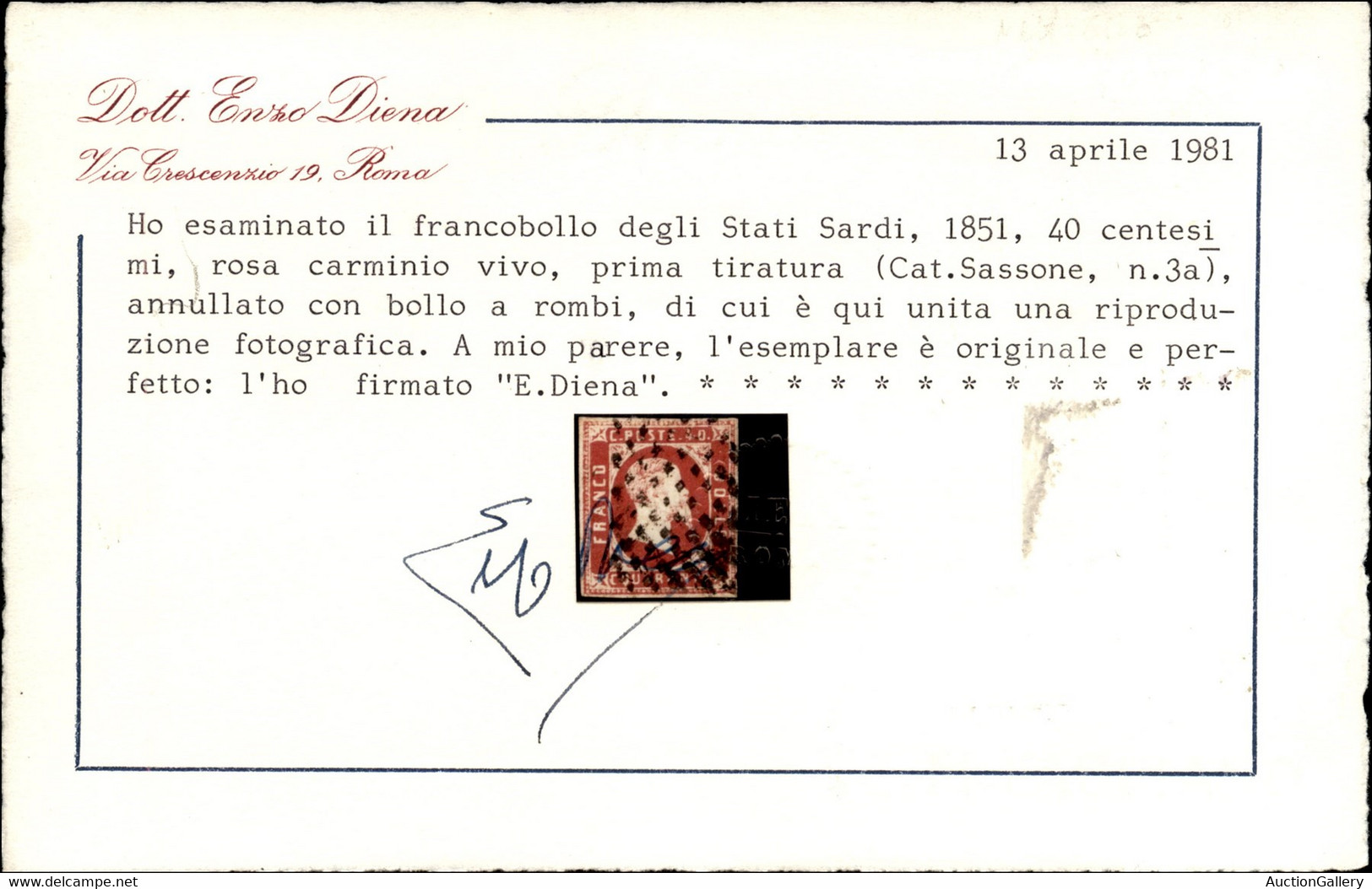 Antichi Stati Italiani - Sardegna - 1851 - 40 Cent Rosa Carminio Vivo (3a) - Usato - Cert Diena (12500) - Altri & Non Classificati