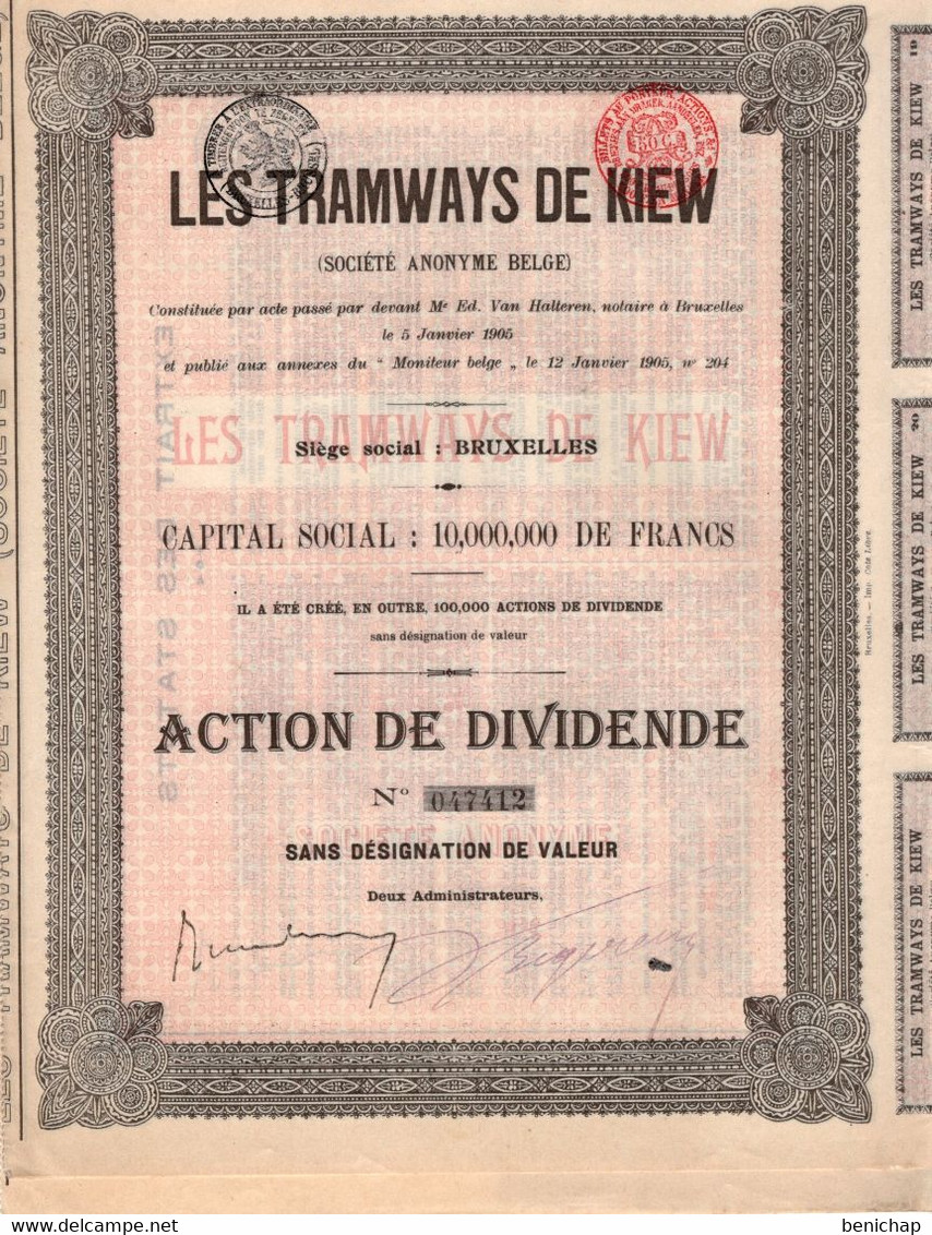 3 Actions De Dividende Société Anonyme Belge - Les Tramways De Kiew - 1905 - Chemin De Fer & Tramway