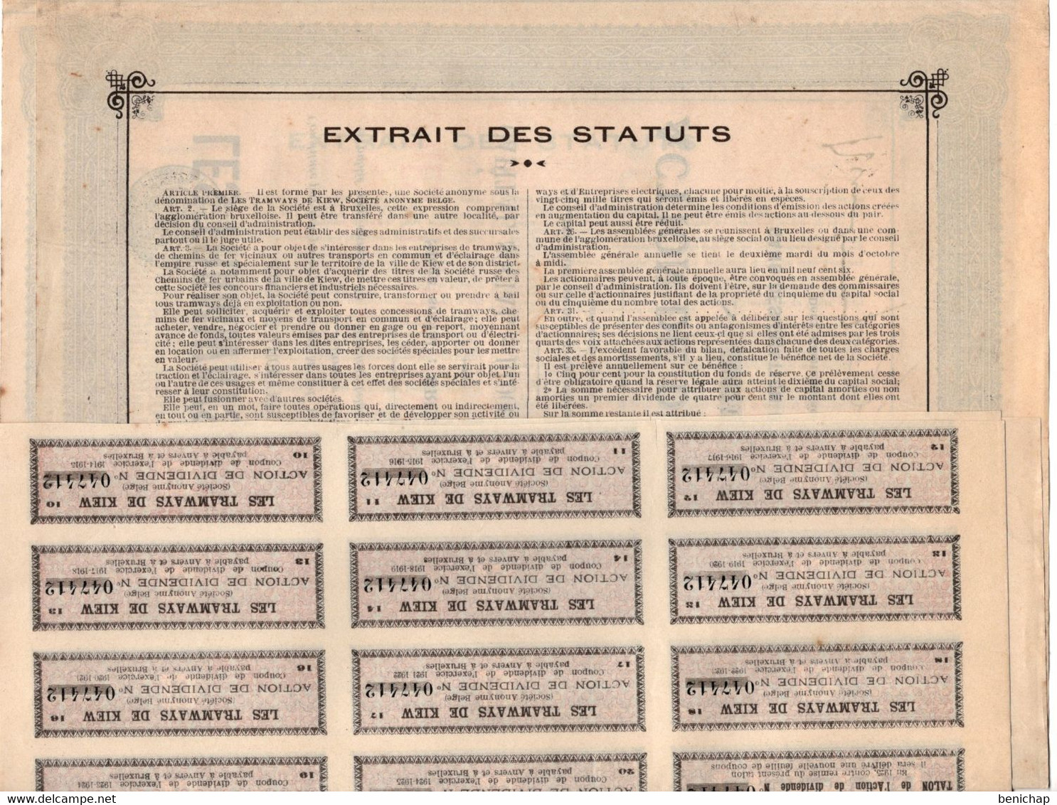 3 Actions De Dividende Société Anonyme Belge - Les Tramways De Kiew - 1905 - Chemin De Fer & Tramway