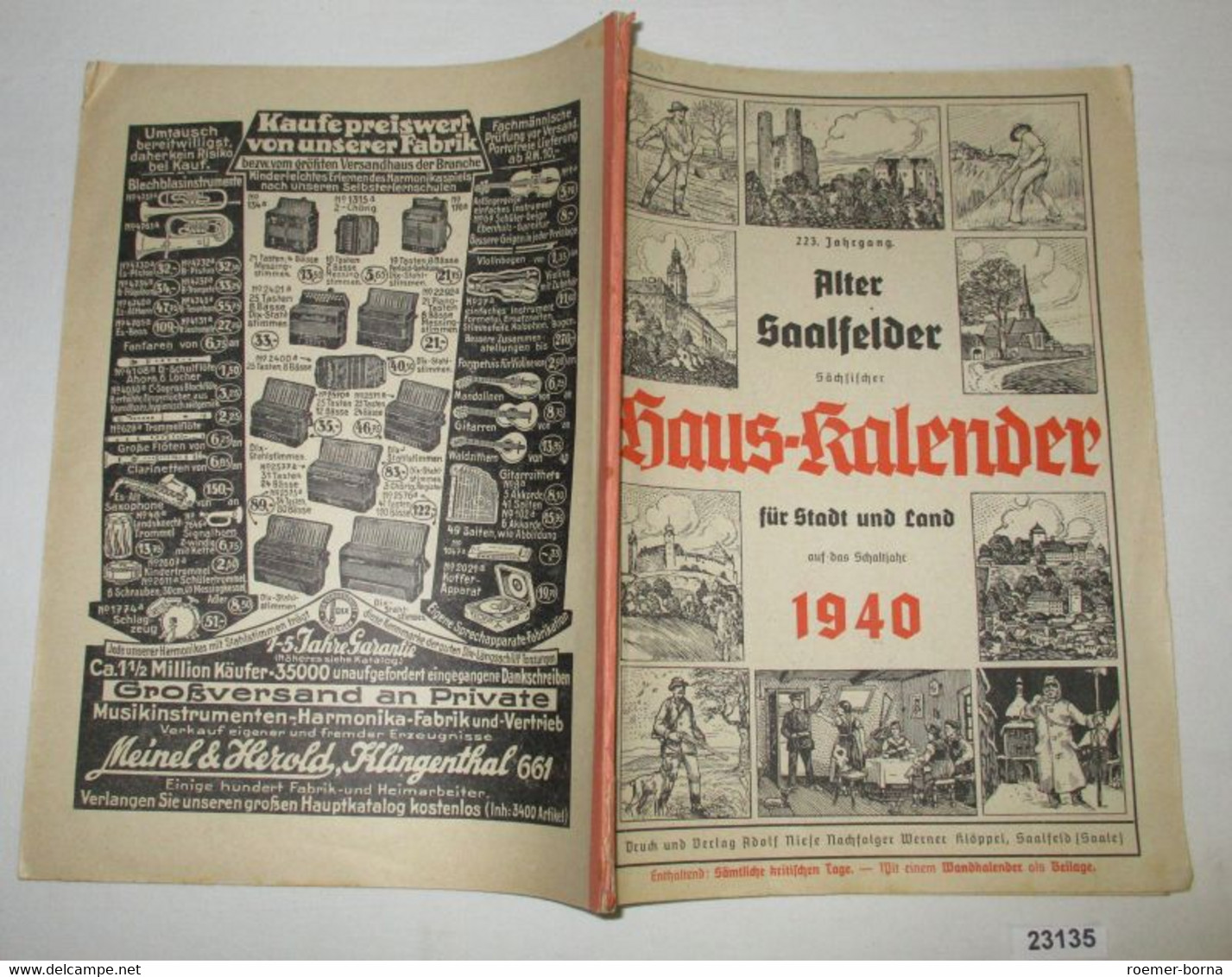 Alter Saalfelder Sächsischer Haus-Kalender Für Stadt Und Land Auf Das Schaltjahr 1940 223. Jahrgang - Kalender