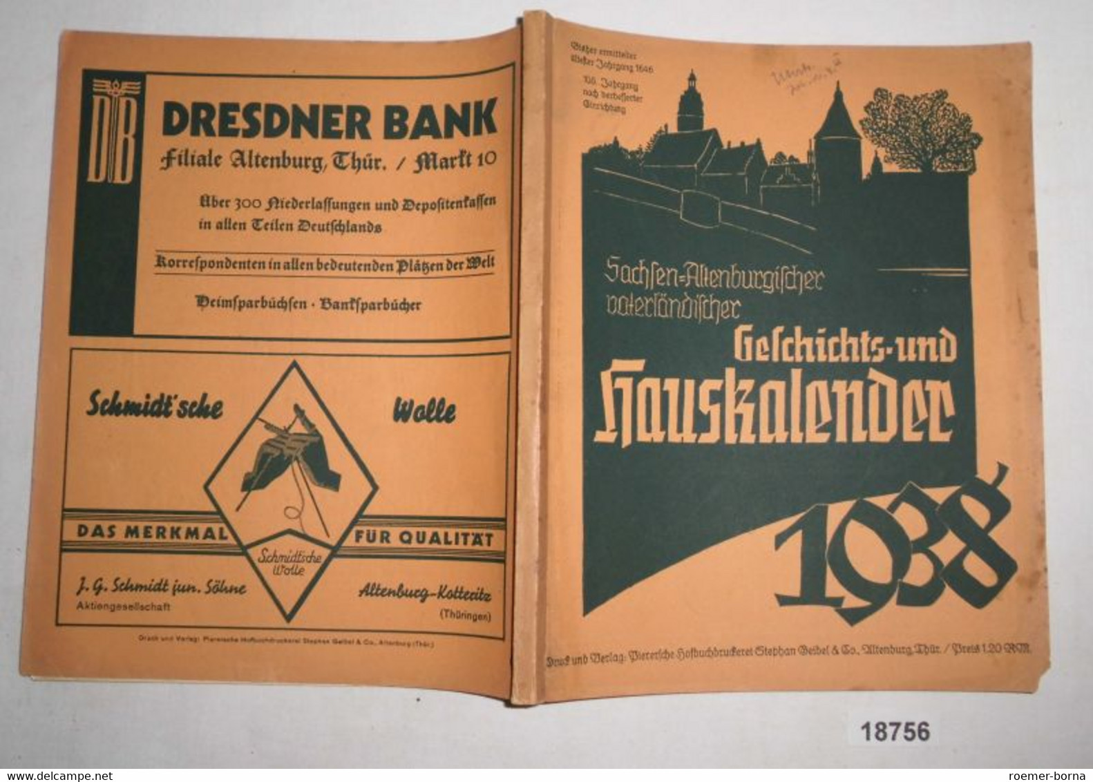 Sachsen-Altenburgischer Vaterländischer Geschichts- Und Hauskalender 1938 - Calendriers