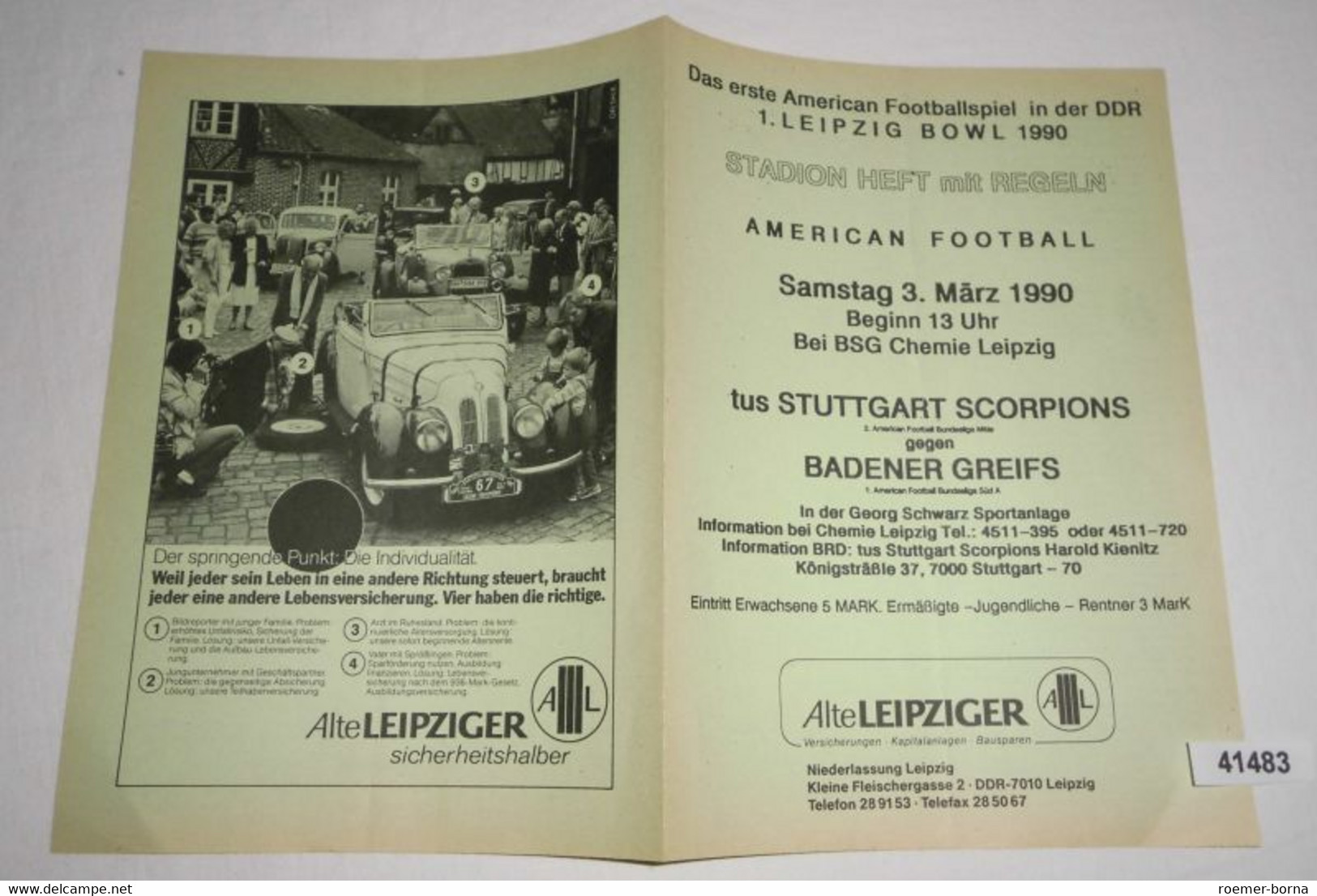 Programm 1. Leipzig BOWL 1990 American Football - Stadion Heft Mit Regeln -  Tus Stuttgart Scorpions - Badener Greifs - Sports