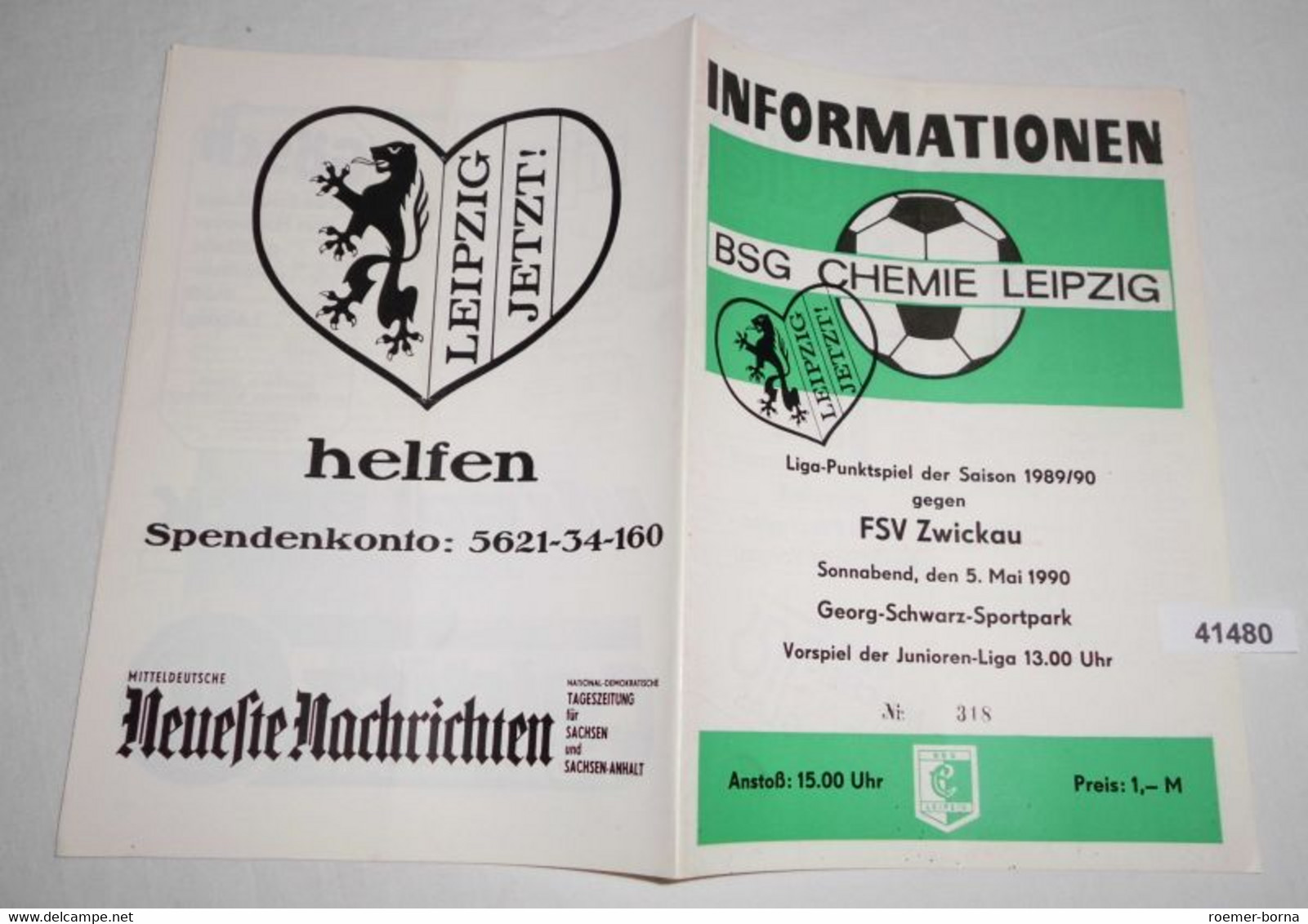 Informationen Nr. 318 Liga-Punktspiel Der Saison 1989/90 BSG Chemie Leipzig Gegen FSV Zwickau - Sport