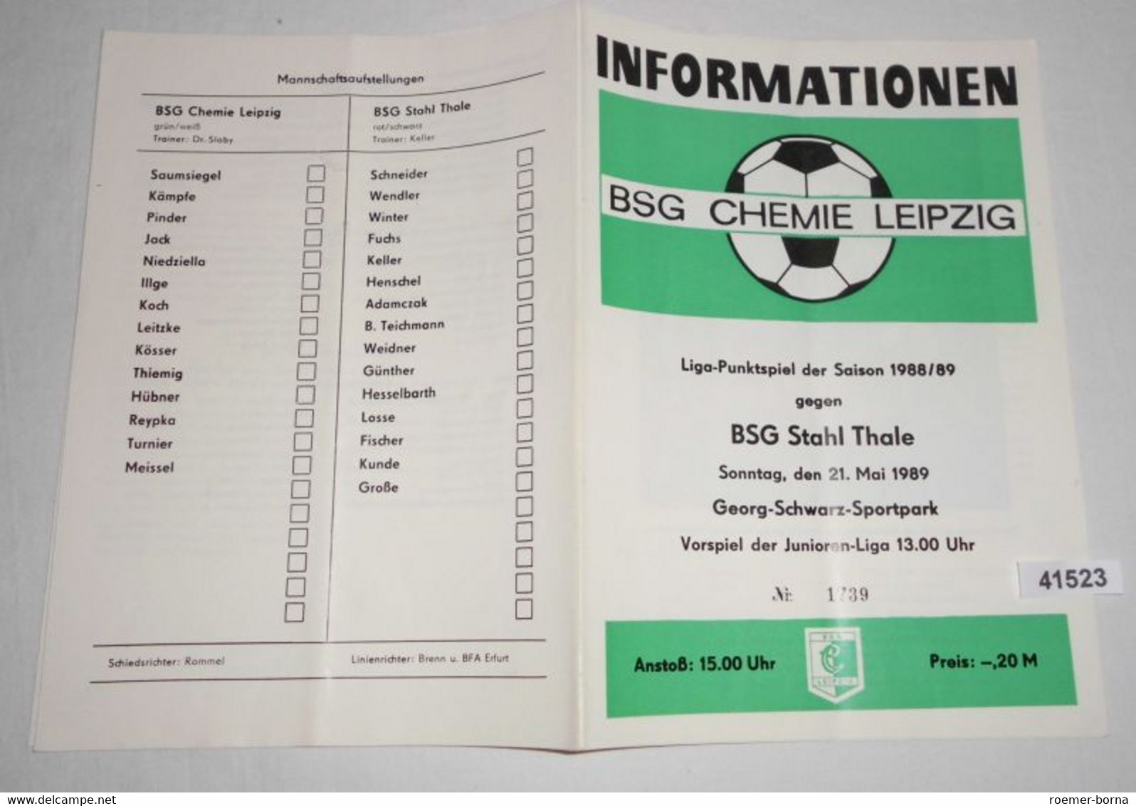 Informationen Nr. 1739 Liga-Punktspiel Der Saison 1988/89 BSG Chemie Leipzig Gegen BSG Stahl Thale - Sport