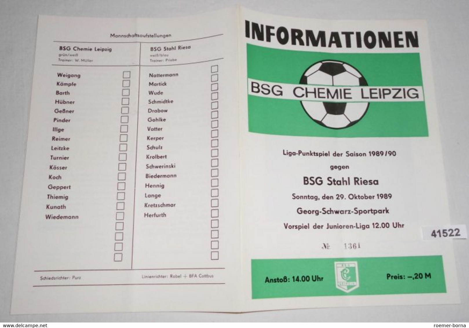 Informationen Nr. 1361 Liga-Punktspiel Der Saison 1989/90 BSG Chemie Leipzig Gegen BSG Stahl Riesa - Sports