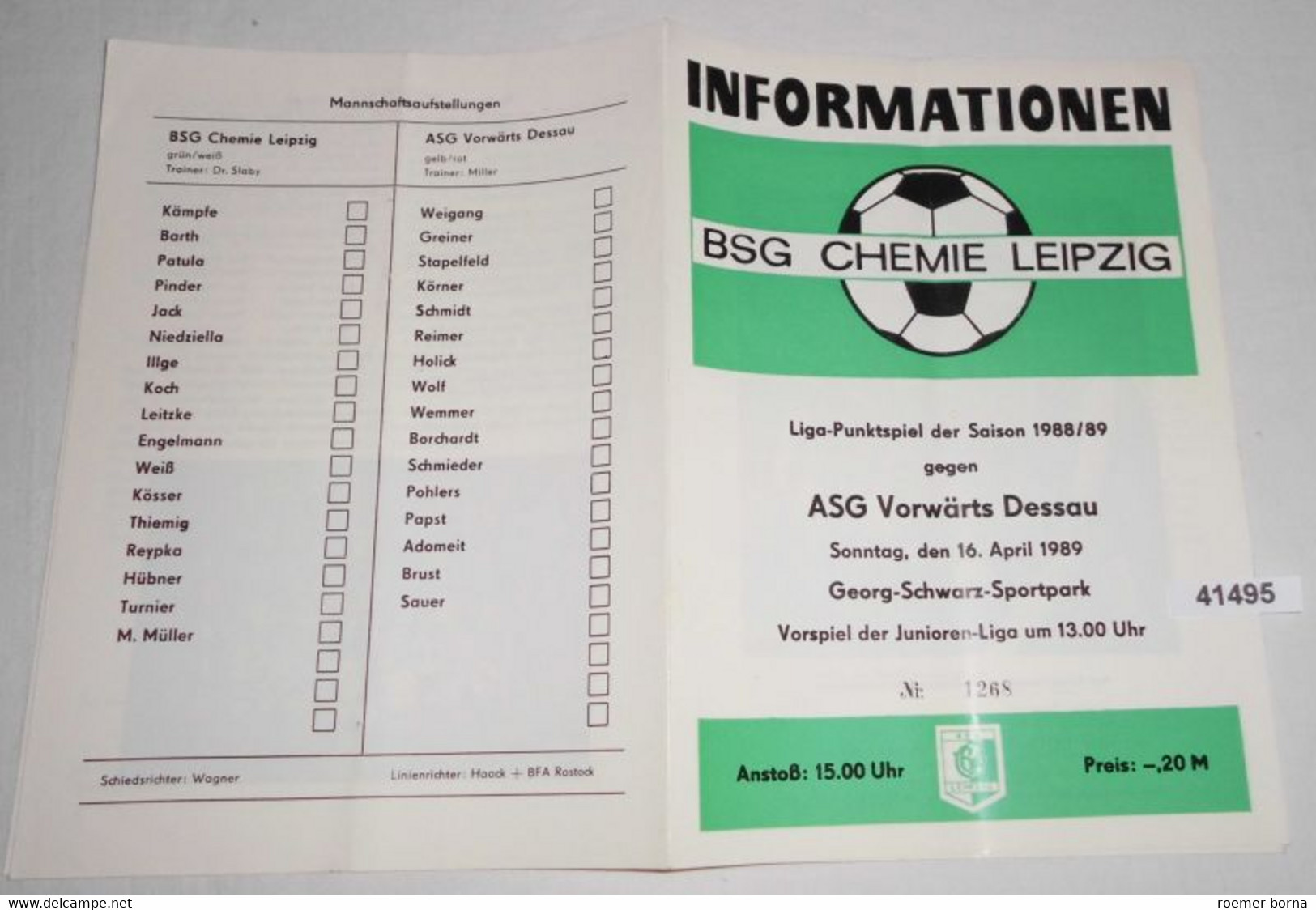 Informationen Nr. 1268 Liga-Punktspiel Der Saison 1988/89 BSG Chemie Leipzig Gegen ASG Vorwärts Dessau - Sports