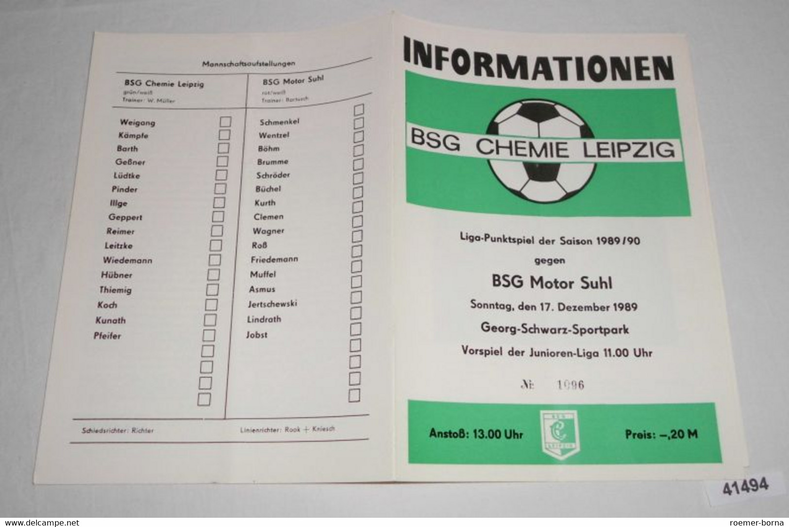 Informationen Nr. 1096 Liga-Punktspiel Der Saison 1989/90 BSG Chemie Leipzig Gegen BSG Motor Suhl - Sport