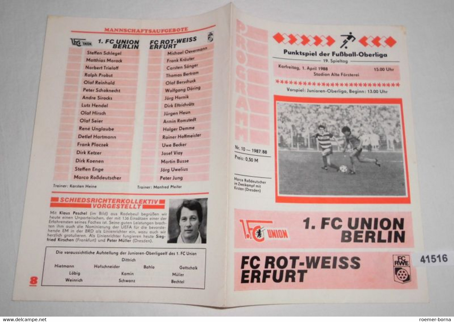 Programm Punktspiel Der Fußball - Oberliga 19. Spieltag 1988 1. FC Union Berlin - FC Rot-Weiss Erfurt - Sport