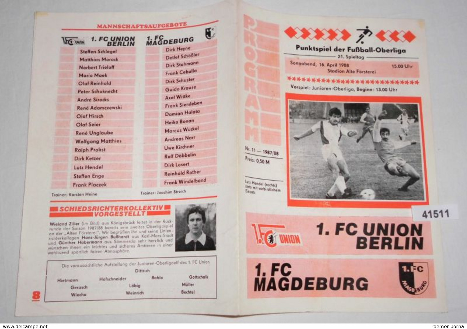 Programm Punktspiel Der Fußball - Oberliga 21. Spieltag 1988 1. FC Union Berlin - 1. FC Magdeburg - Sport