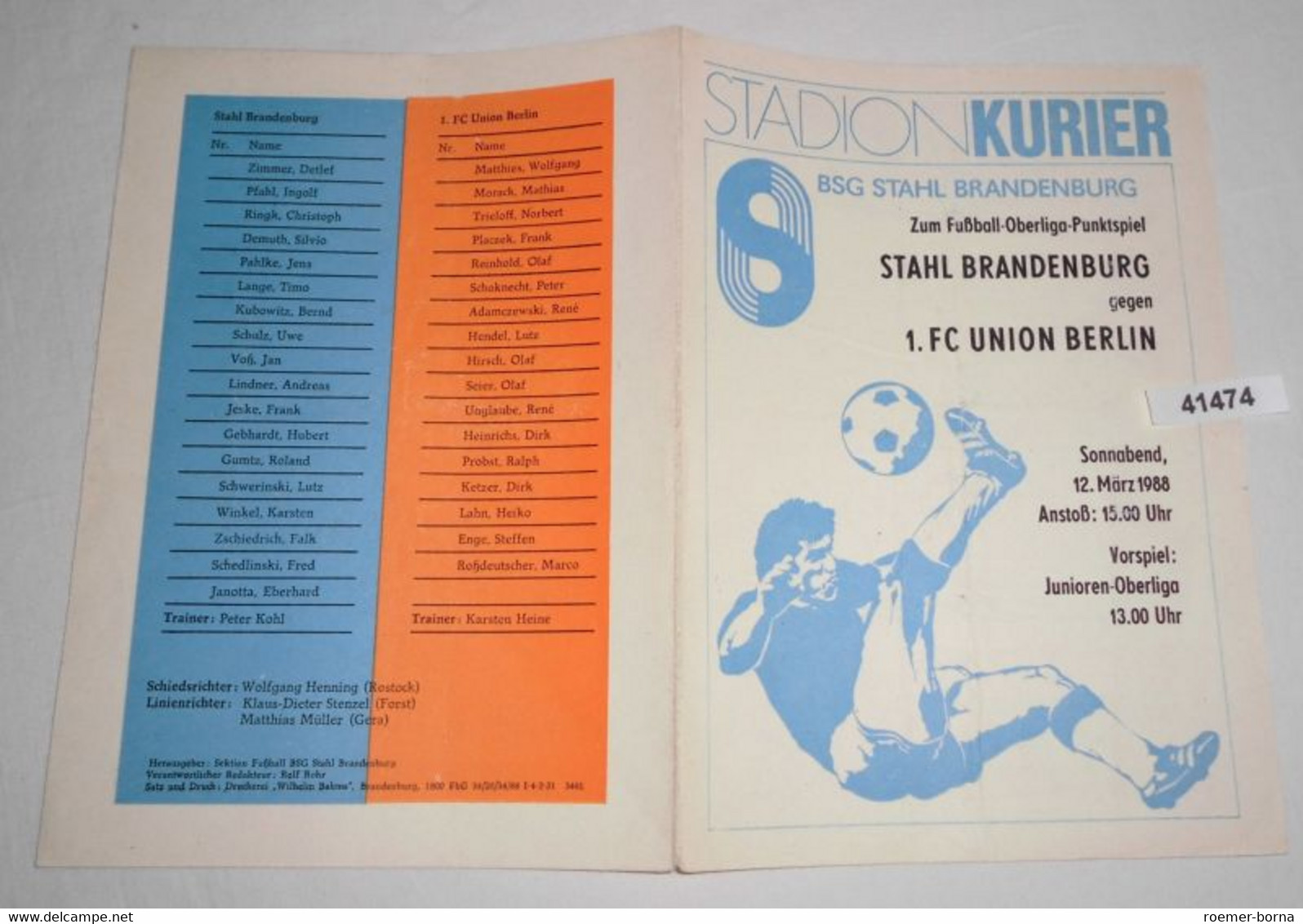 Stadion Kurier Programm Fußball-Oberliga Punktspiel 1988  Stahl Brandenburg - 1. FC Union Berlin - Sport