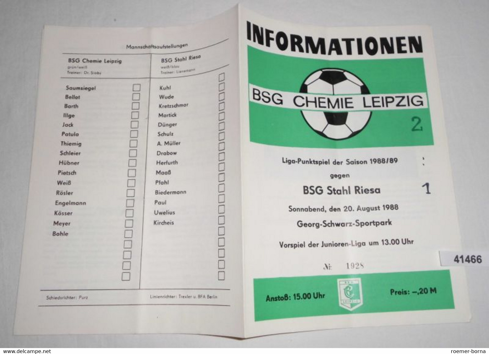 Informationen Nr. 1928 Liga-Punktspiel Der Saison 1988/89 BSG Chemie Leipzig Gegen BSG Stahl Riesa - Sports