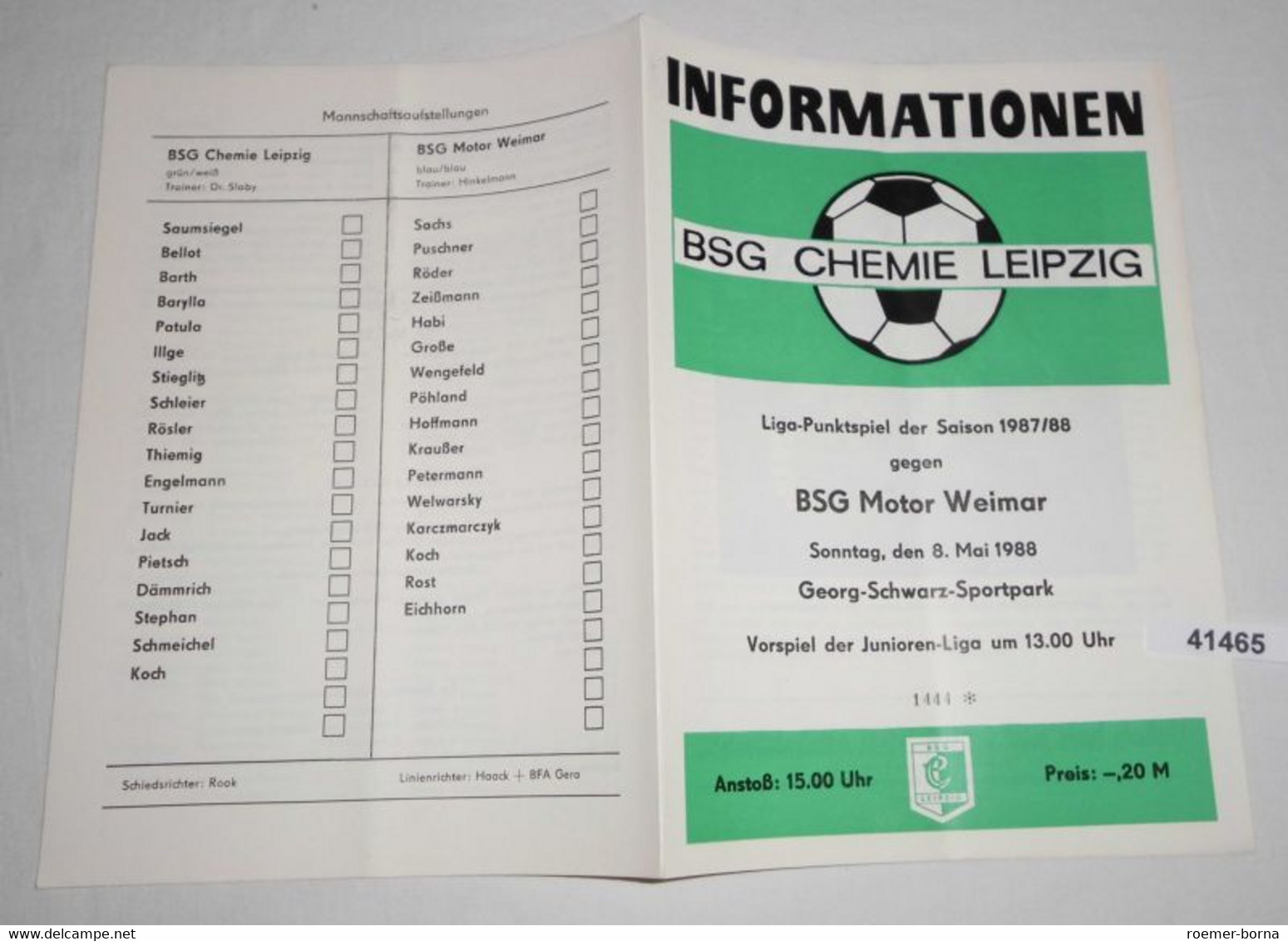 Informationen Nr. 1444 Liga-Punktspiel Der Saison 1987/88 BSG Chemie Leipzig Gegen BSG Motor Weimar - Sport