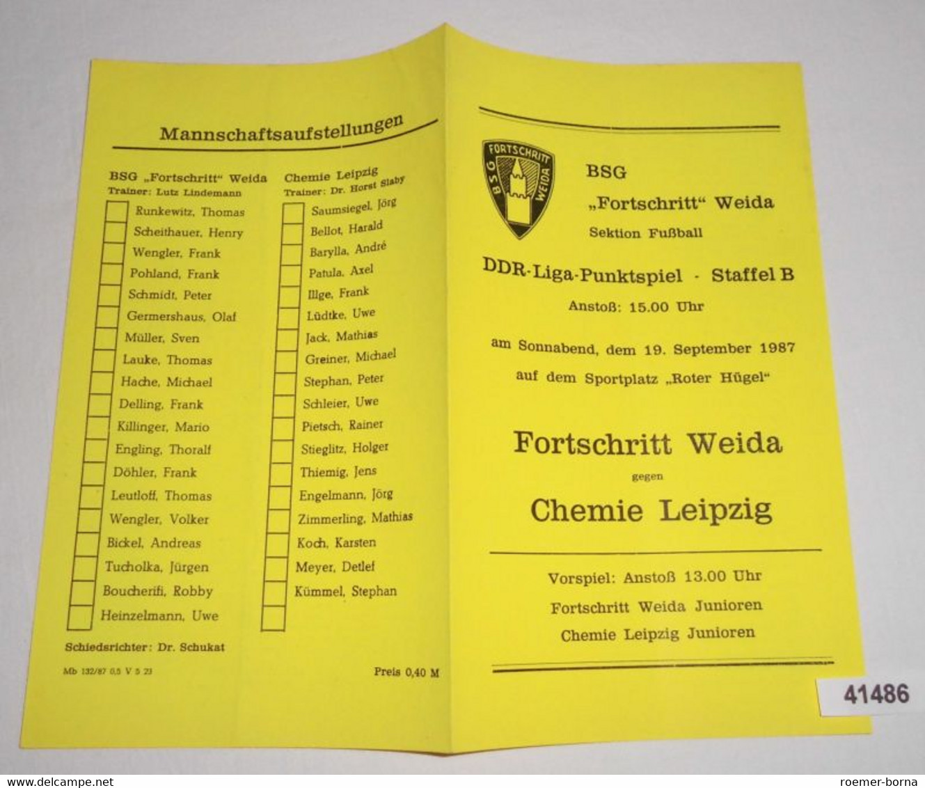 Programm Fußball  Fortschritt Weida - Chemie Leipzig, 19. September 1987 - Sport