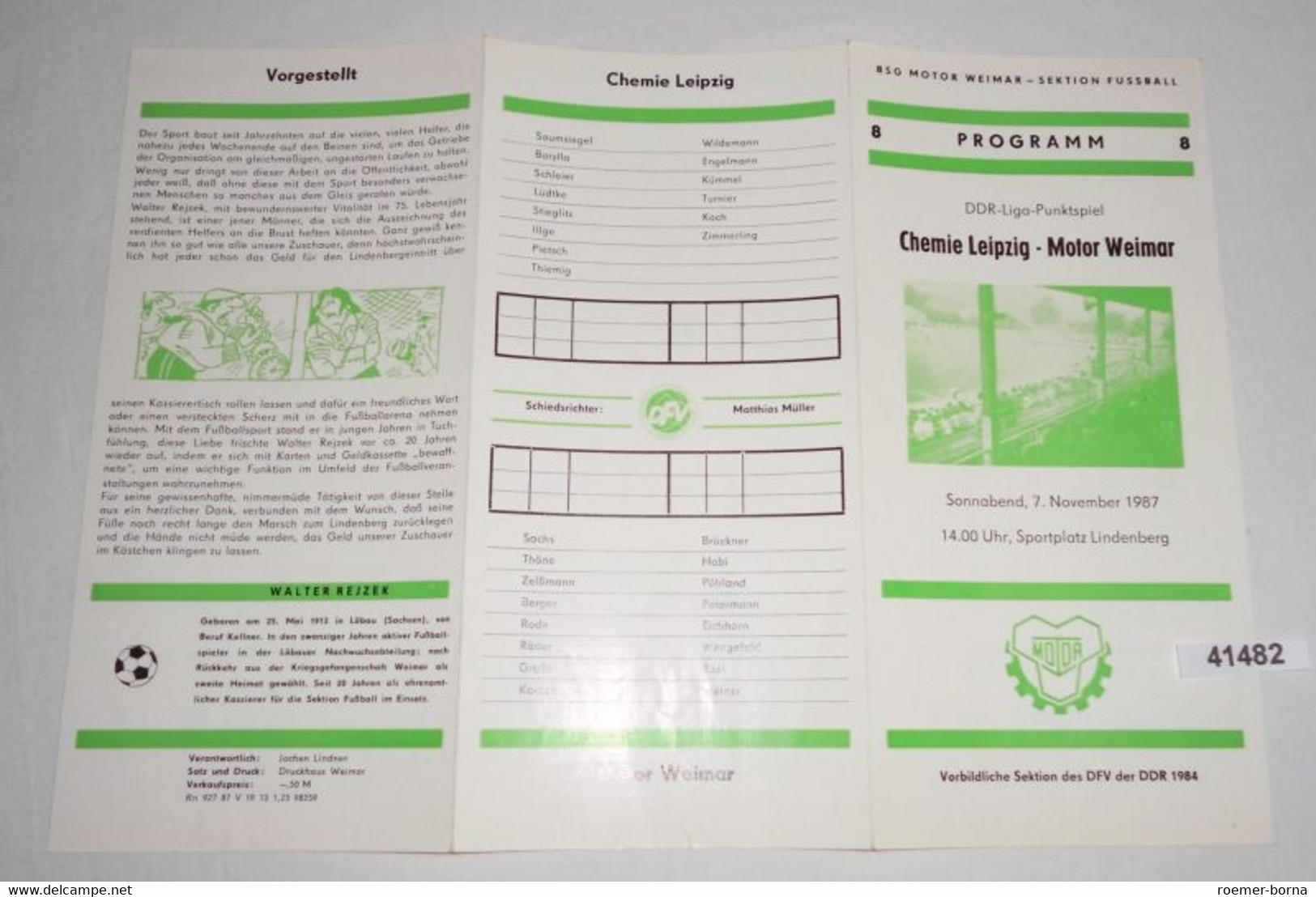 Fußball Programm Nr. 8 Chemie Leipzig - Motor Weimar, 07. November 1987 - Sports