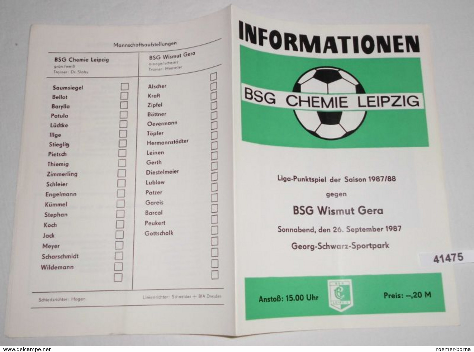 Informationen Liga-Punktspiel Der Saison 1987/88 BSG Chemie Leipzig Gegen BSG Wismut Gera - Sport