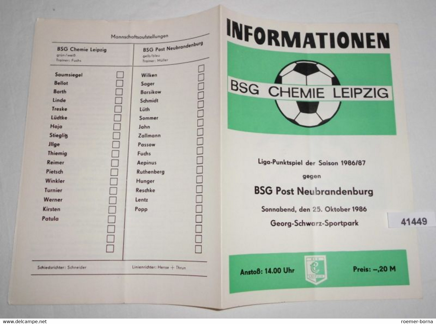 Informationen Liga-Punktspiel Der Saison 1986/87 BSG Chemie Leipzig Gegen BSG Post Neubrandenburg - Sports