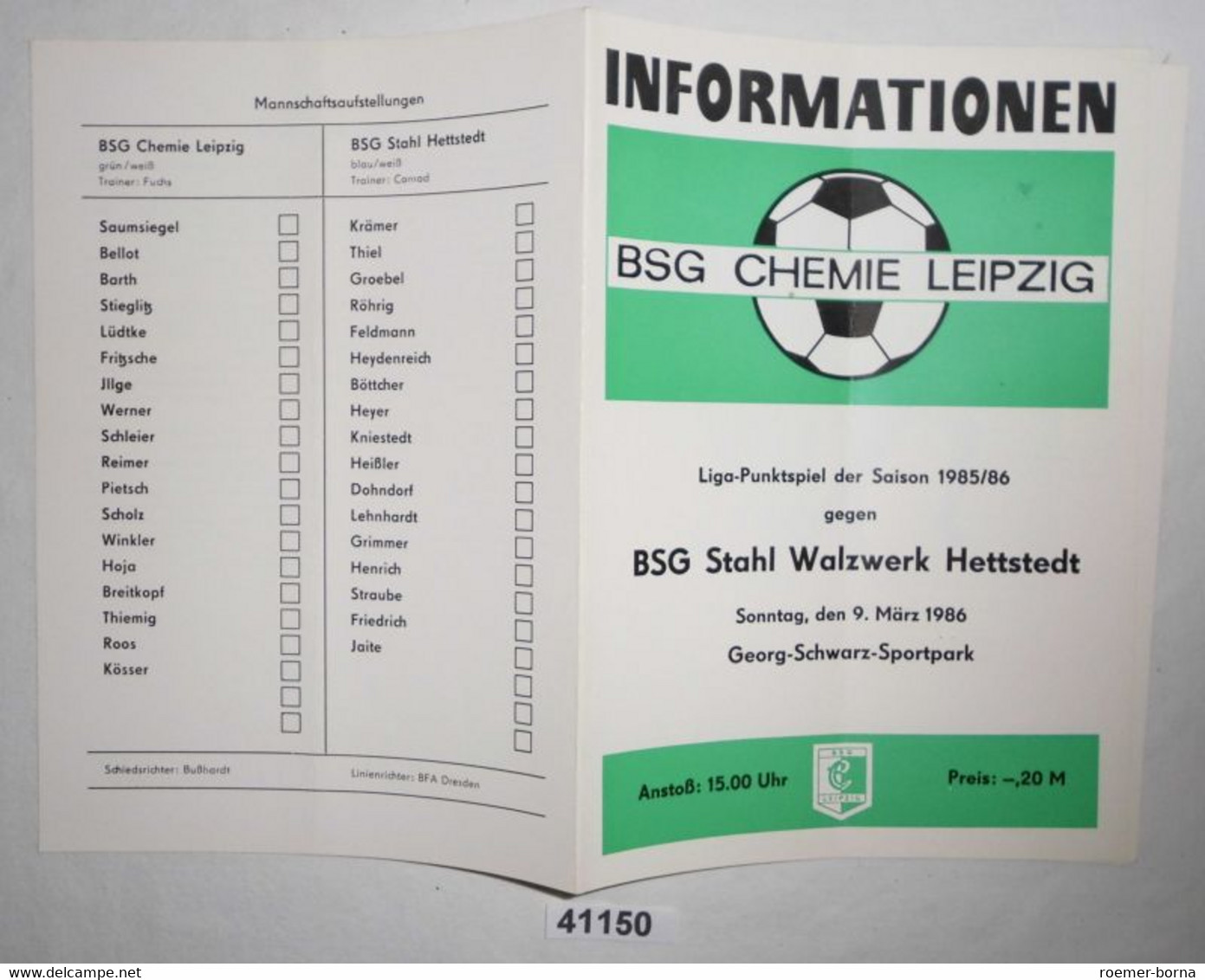 Fußball Programm Informationen BSG Chemie Leipzig - BSG Stahl Walzwerk Hettstedt, 09. März 1986 - Sports