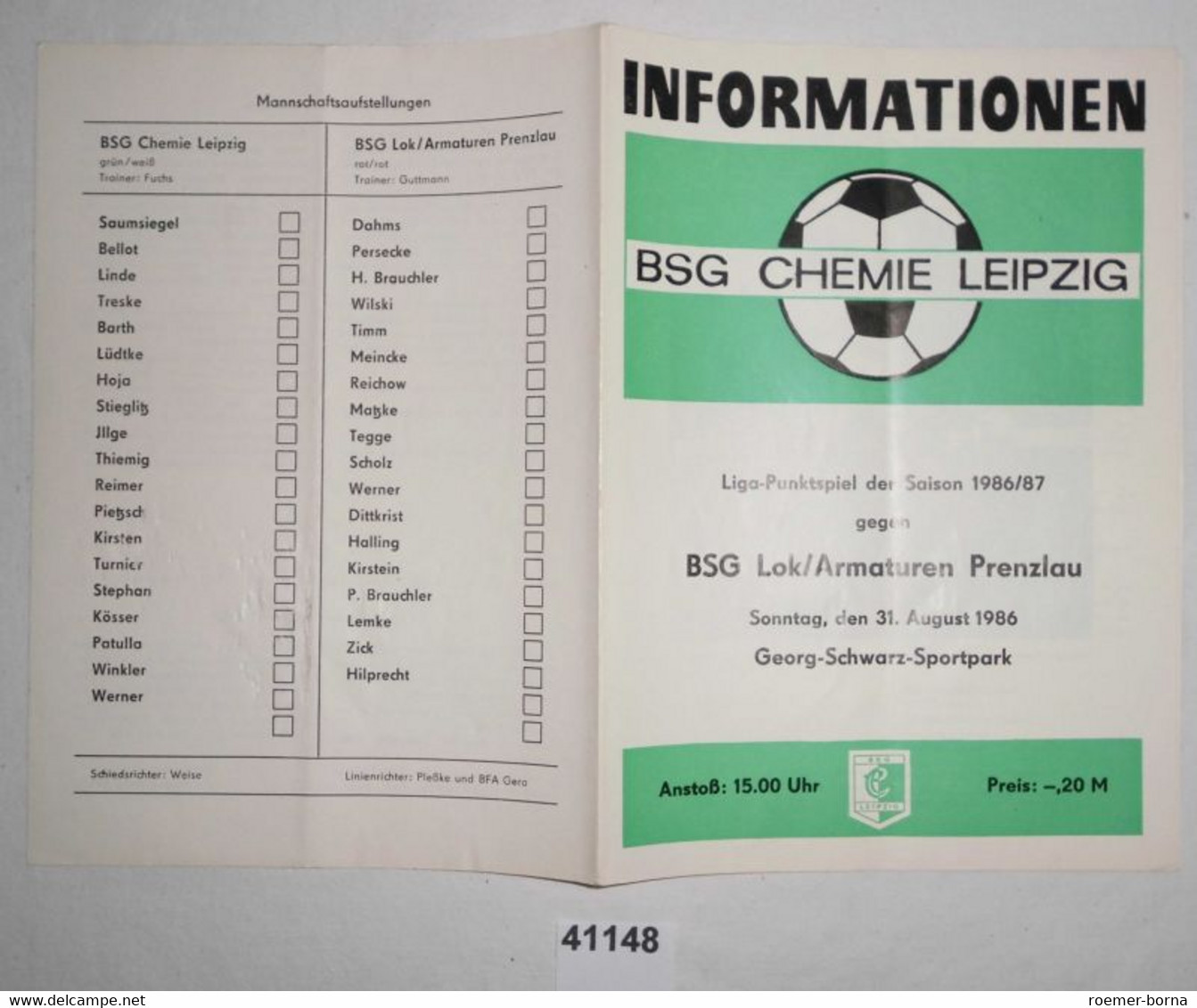 Fußball Programm Informationen BSG Chemie Leipzig - BSG Lok/Armaturen Prenzlau, 31. August 1986 - Sports