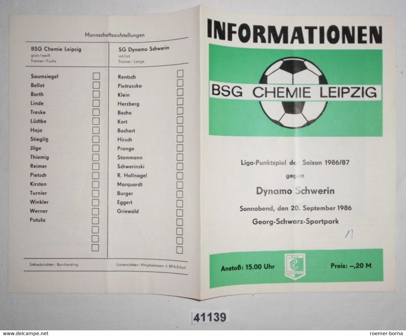 Fußball Programm Informationen BSG Chemie Leipzig - Dynamo Schwerin, 20. September 1986 - Sport