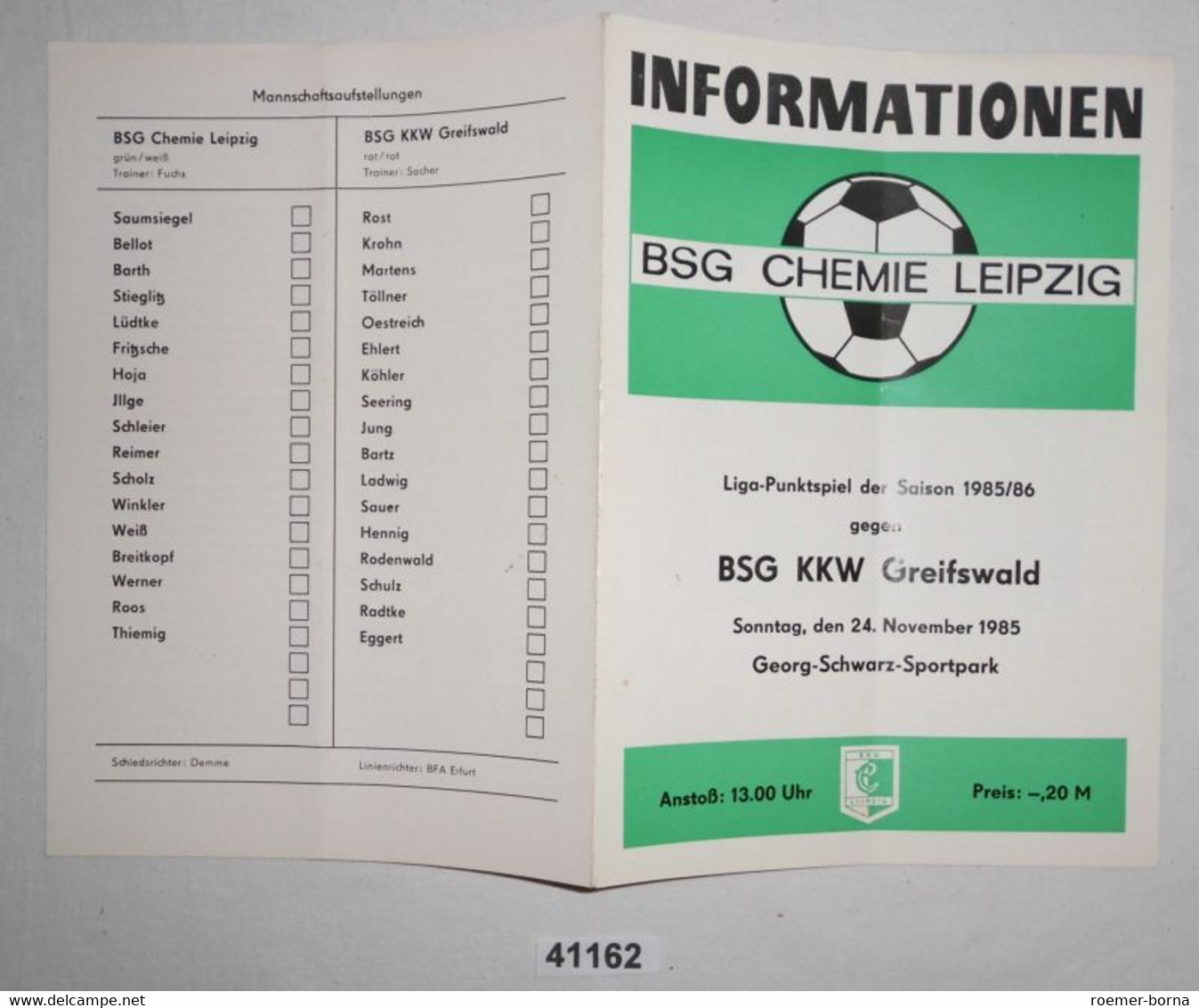 Fußball Programm Informationen BSG Chemie Leipzig - BSG KKW Greifswald, 24. November 1985 - Sport