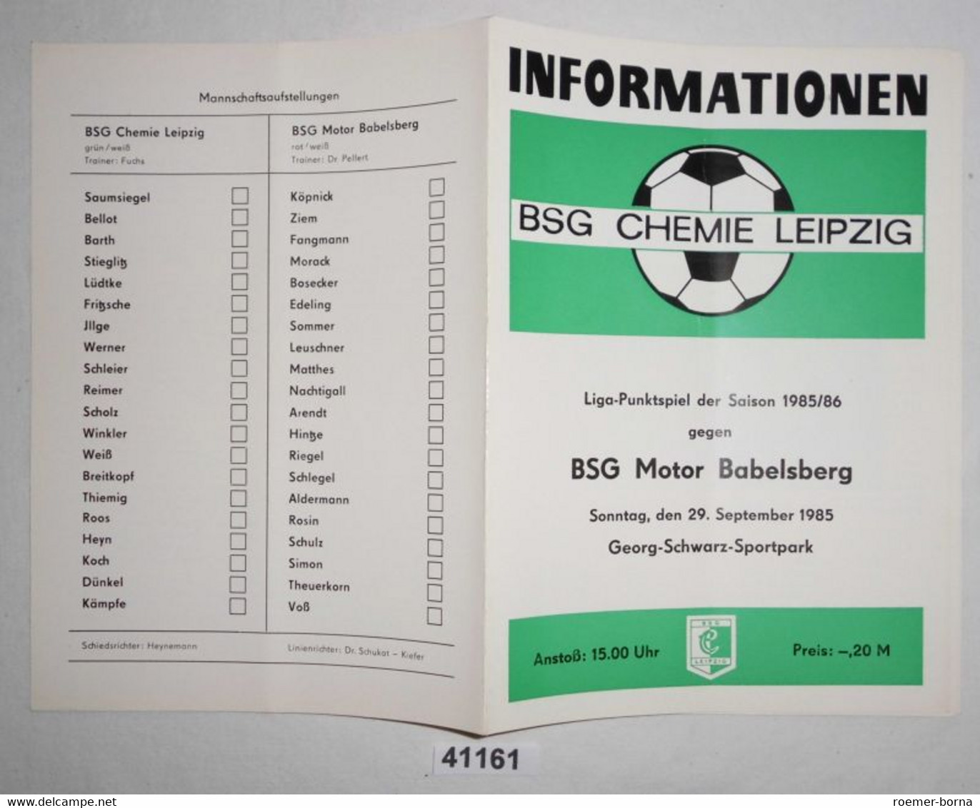 Fußball Programm Informationen BSG Chemie Leipzig - BSG Motor Babelsberg, 29. September 1985 - Sport