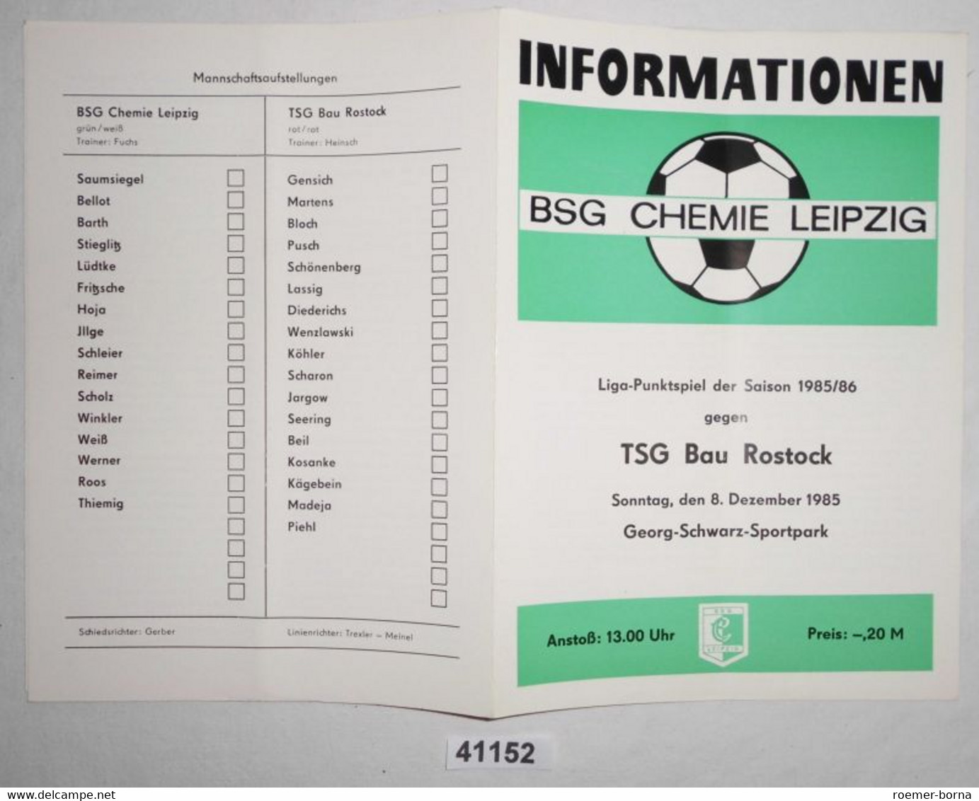 Fußball Programm Informationen BSG Chemie Leipzig - TSG Bau Rostock, 08. Dezember 1985 - Sport