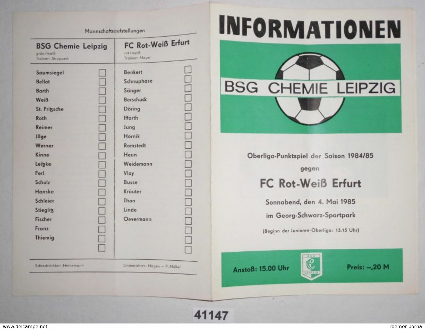 Fußball Programm Informationen BSG Chemie Leipzig - FC Rot-Weiß Erfurt, 04. Mai 1985 - Sport