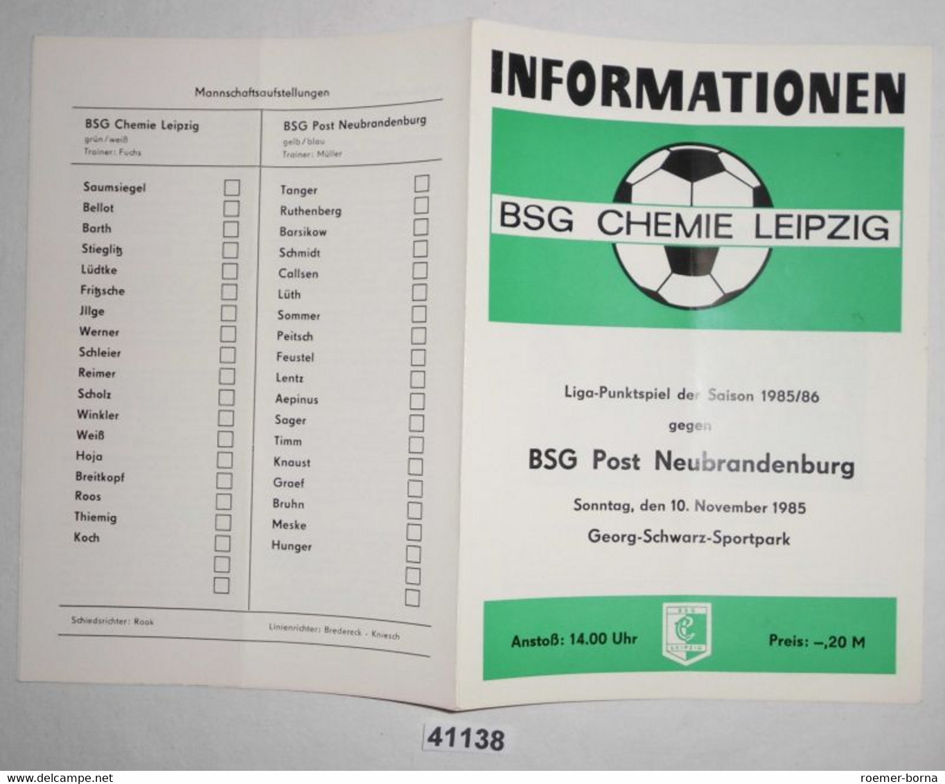 Fußball Programm Informationen BSG Chemie Leipzig - BSG Post Neubrandenburg, 10. November 1985 - Sports