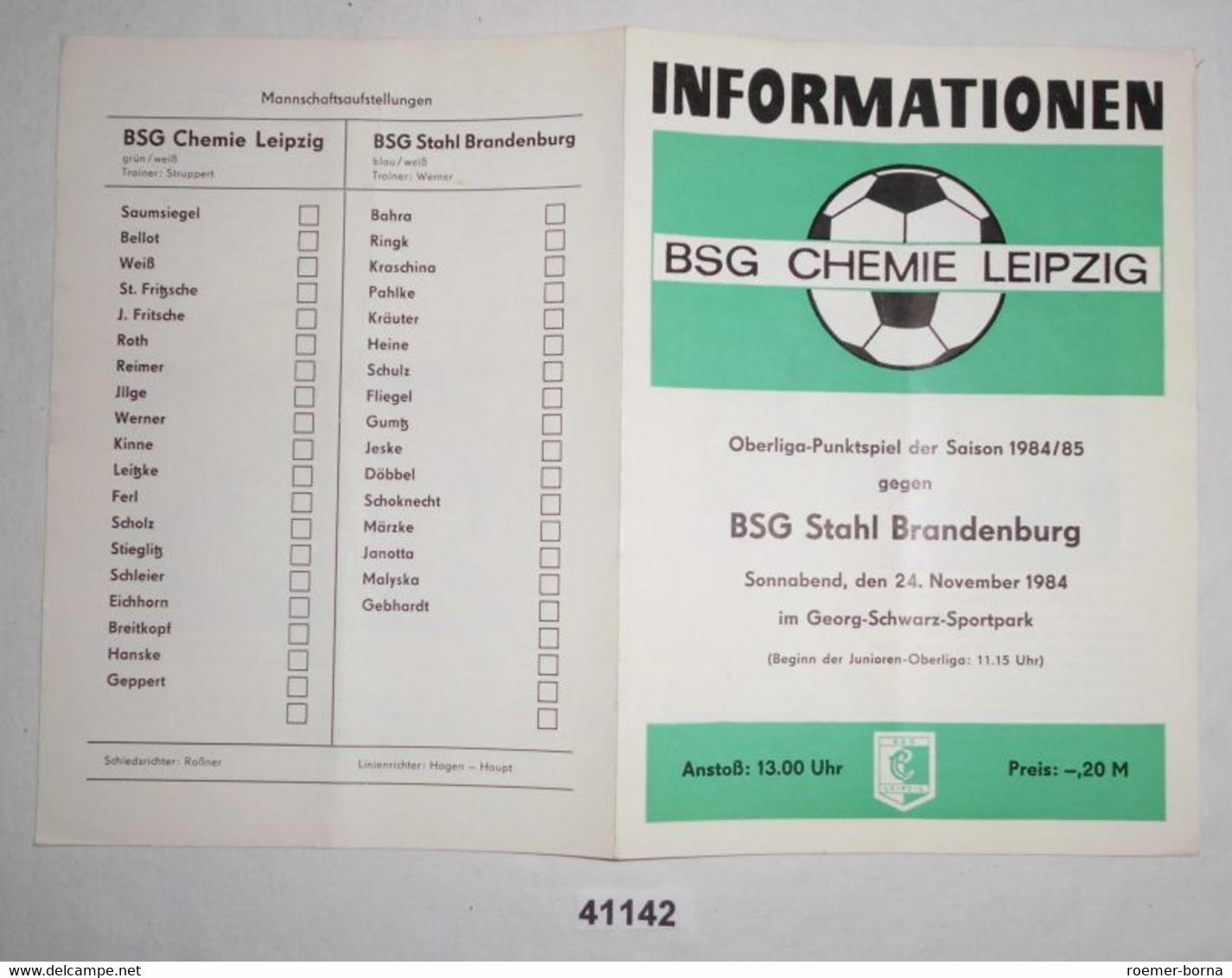 Fußball Programm Informationen BSG Chemie Leipzig - BSG Stahl Brandenburg, 24. November 1984 - Sports