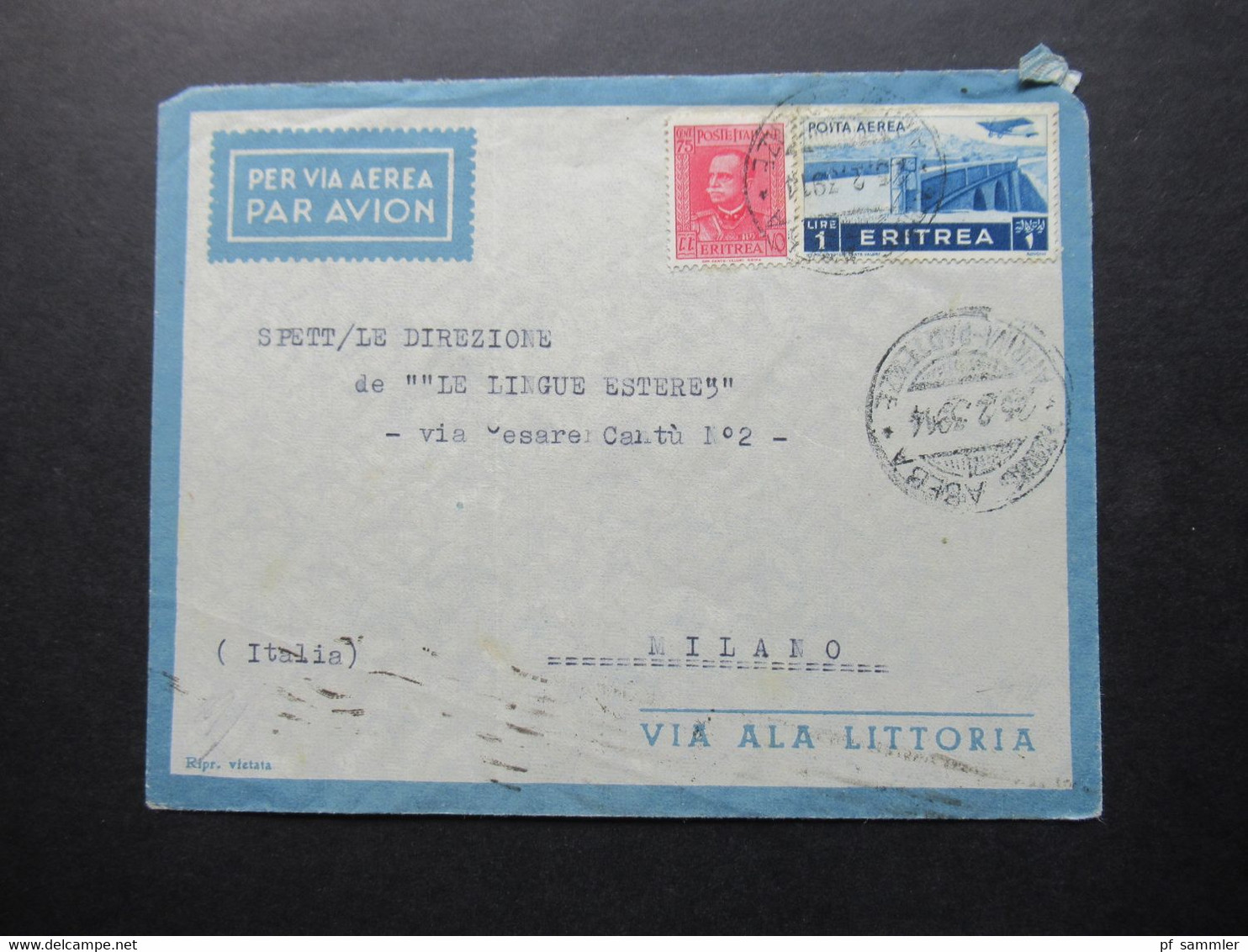 Italien Kolonie Eritrea Luftpost Posta Aerea / Air Mail Via Ala Littoria 1939 Abeba Nach Milano - Erythrée