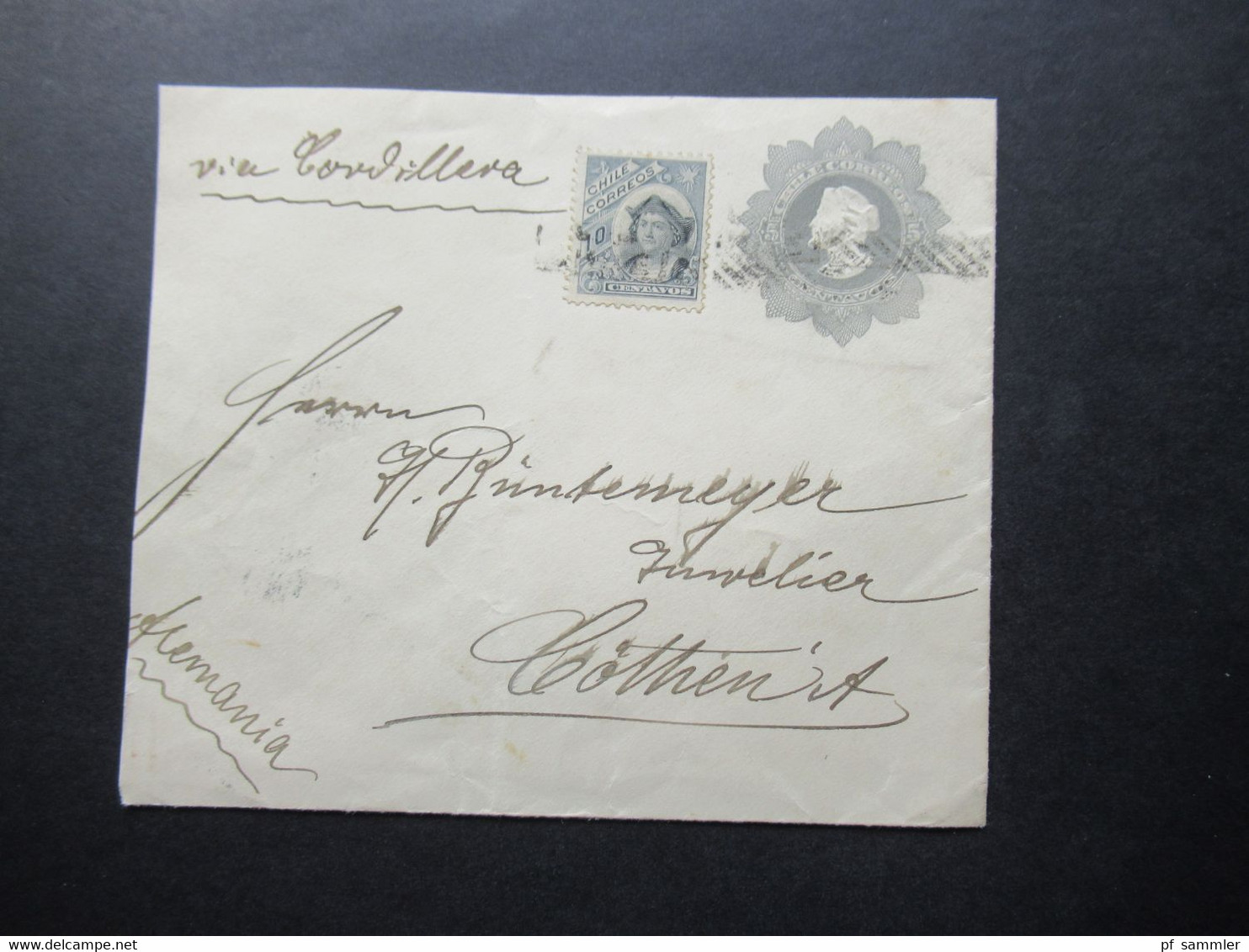 Chile 1908 Ganzsachen Umschlag Mit Zusatzfrankatir Via Cordillera Nach Cöthen (Anhalt) Mit Ank. Stempel - Chile