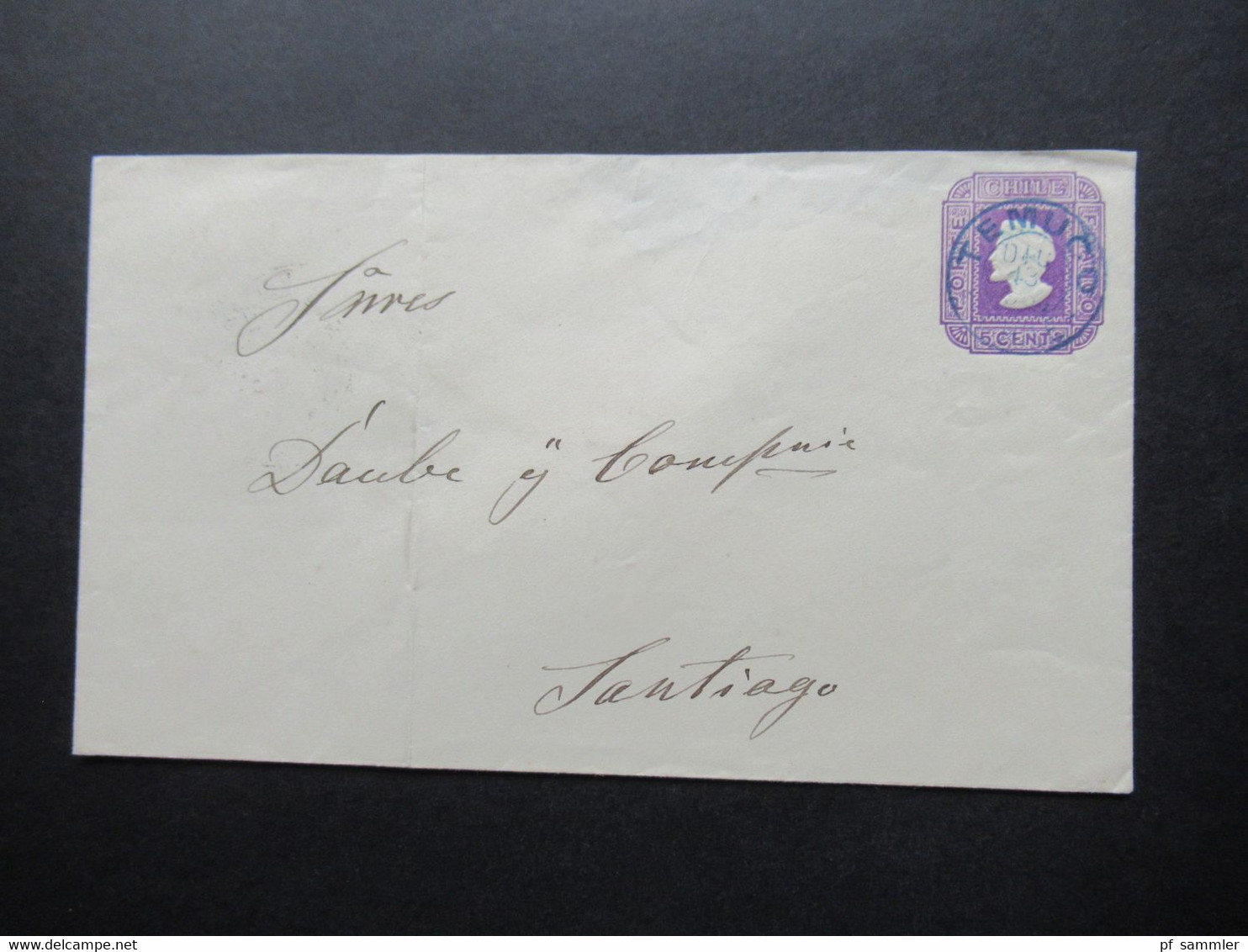 Chile 1896 Ganzsachen Umschlag Mit Blauerm Stempel Temuco Nach Santiago Und Ank. Stempel - Chile