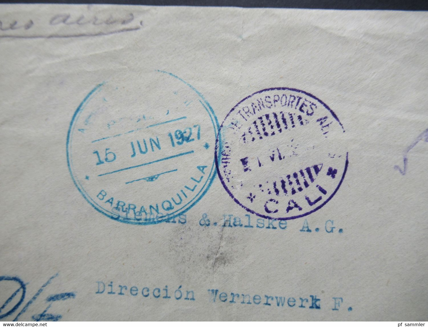 Kolumbien 1927 Colombia Transportes Aereos SCADTA Violetter Stempel Cali Und Blauer Stp. Baranquilla Siemens Wernerwerk - Colombie