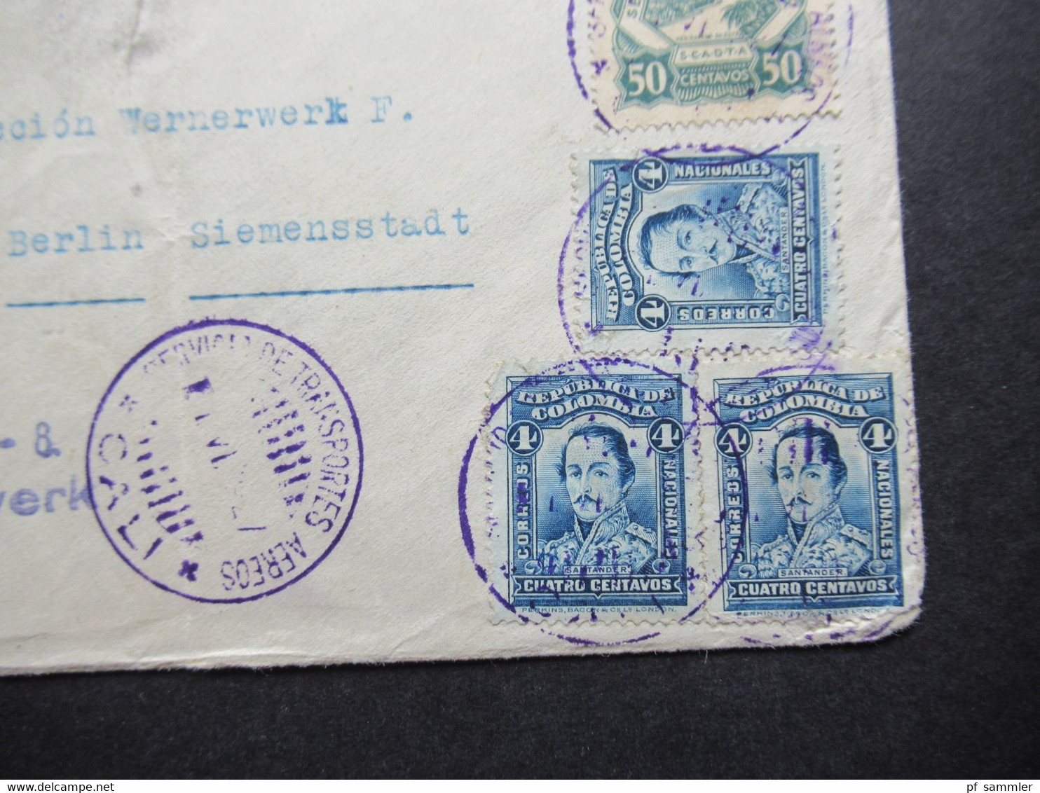 Kolumbien 1927 Colombia Transportes Aereos SCADTA Violetter Stempel Cali Und Blauer Stp. Baranquilla Siemens Wernerwerk - Colombia