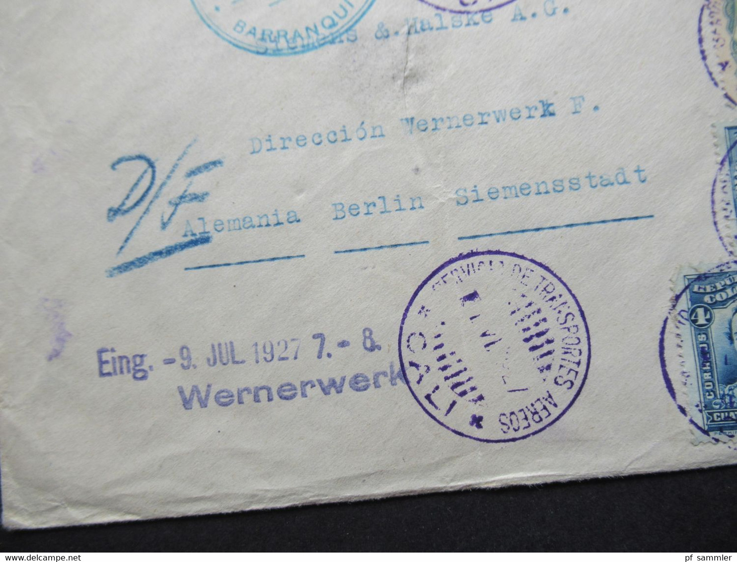 Kolumbien 1927 Colombia Transportes Aereos SCADTA Violetter Stempel Cali Und Blauer Stp. Baranquilla Siemens Wernerwerk - Kolumbien