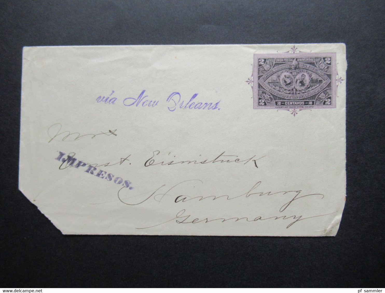 Guatemala 1897 UPU Ganzsachen Umschlag Violetter Stempel L1 Via New Orleans Und Impresos Nach Hamburg - Guatemala