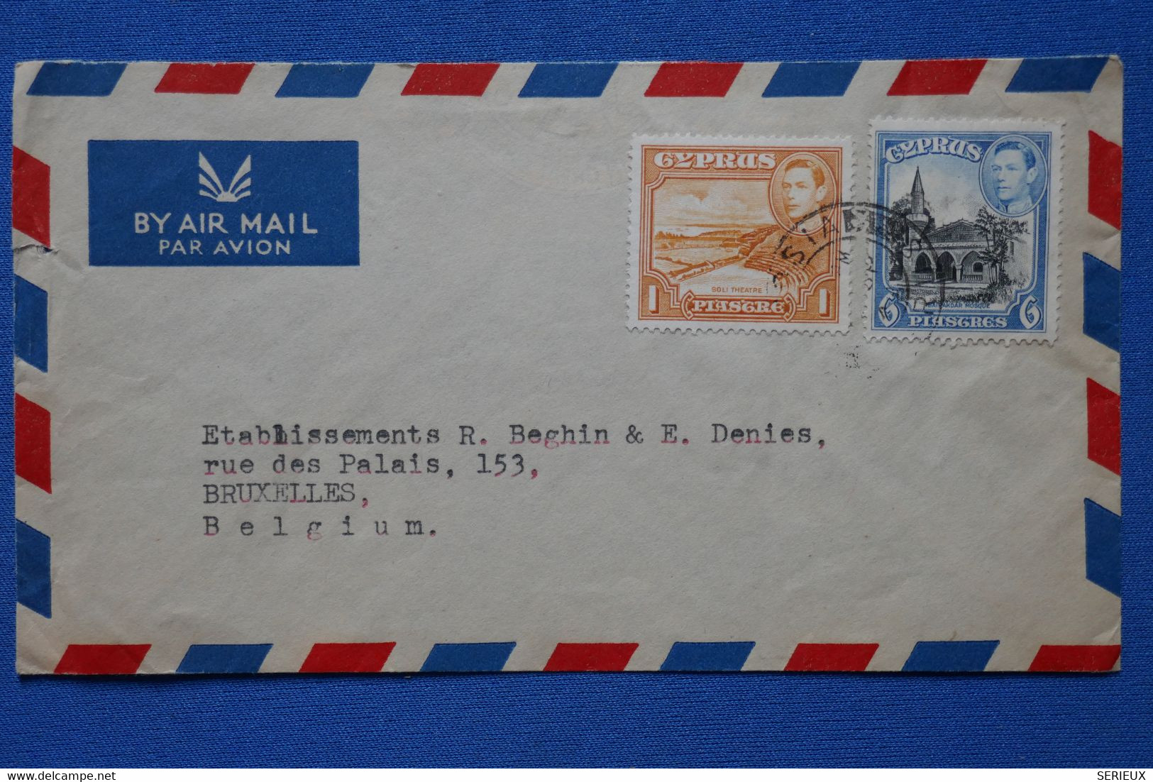 Y17 CHYPRE  BELLE  LETTRE      1946     POSTE AERIENNE  POUR BRUXELLES BELGIUM  + AFFRANCH.PLAISANT - Chypre (...-1960)