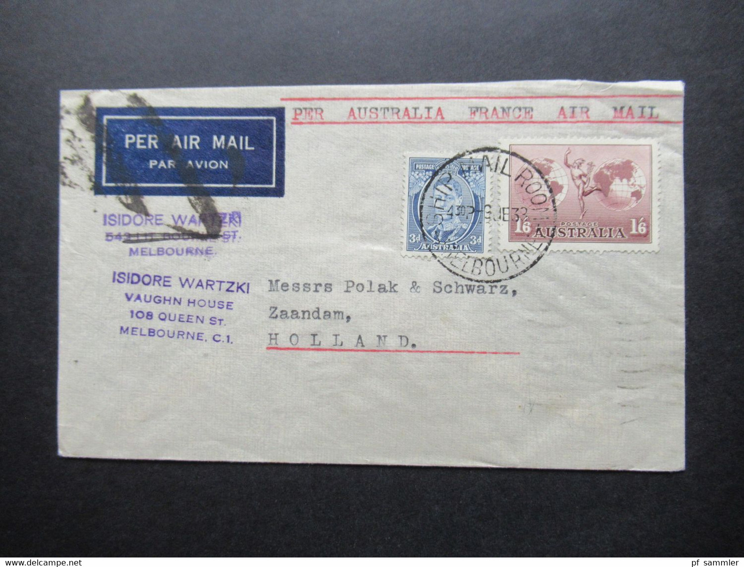 Australien 1938 Air Mail Melbourne - Zaandam Holland Per Australia France Air Mail Stp. Marseille Gare Avion - Storia Postale
