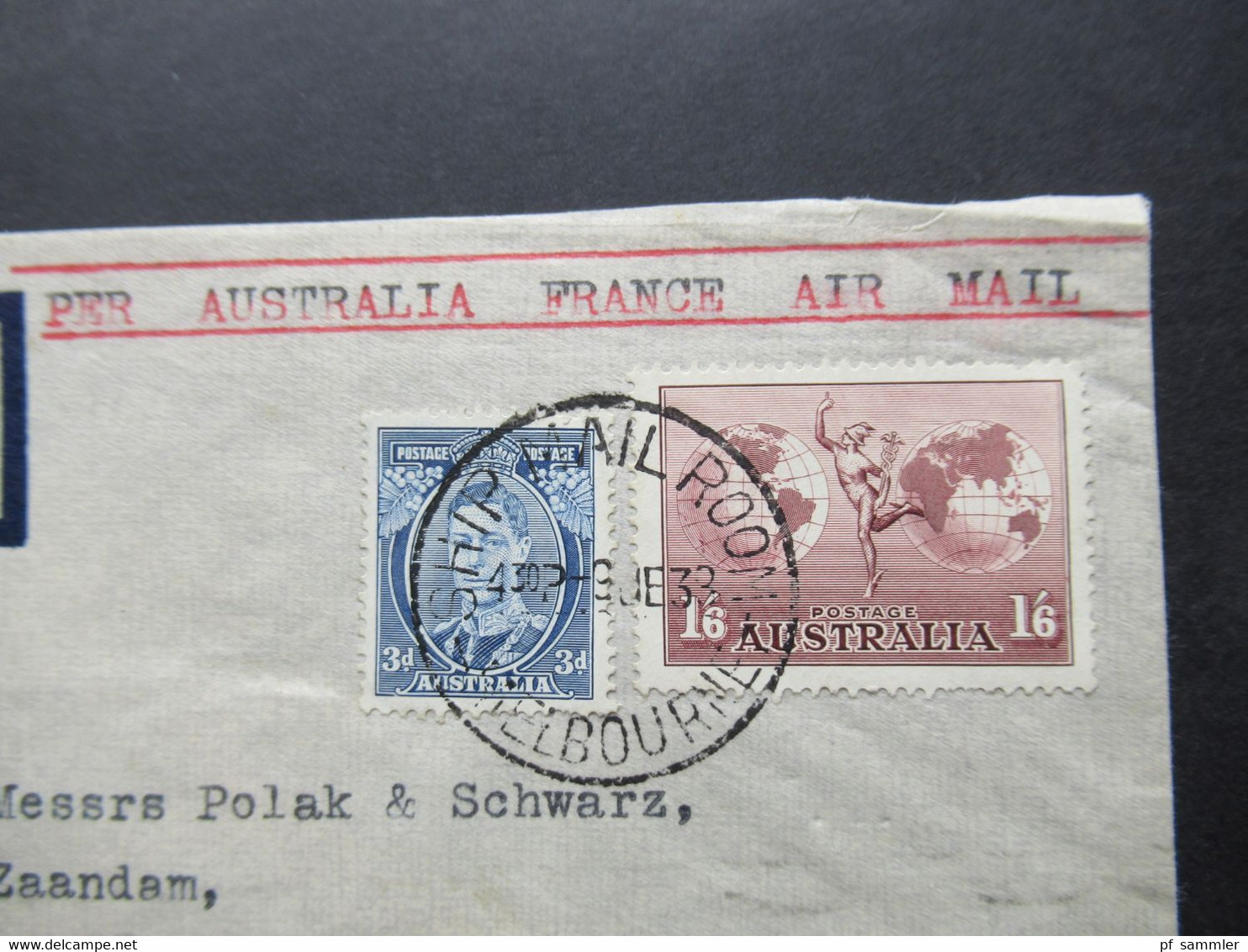 Australien 1938 Air Mail Melbourne - Zaandam Holland Per Australia France Air Mail Stp. Marseille Gare Avion - Brieven En Documenten