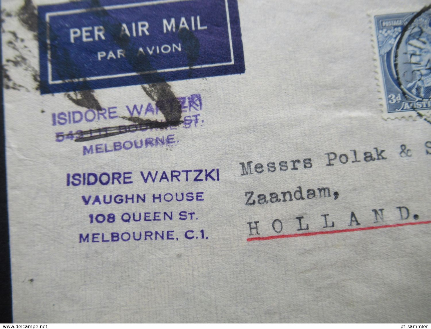 Australien 1938 Air Mail Melbourne - Zaandam Holland Per Australia France Air Mail Stp. Marseille Gare Avion - Brieven En Documenten