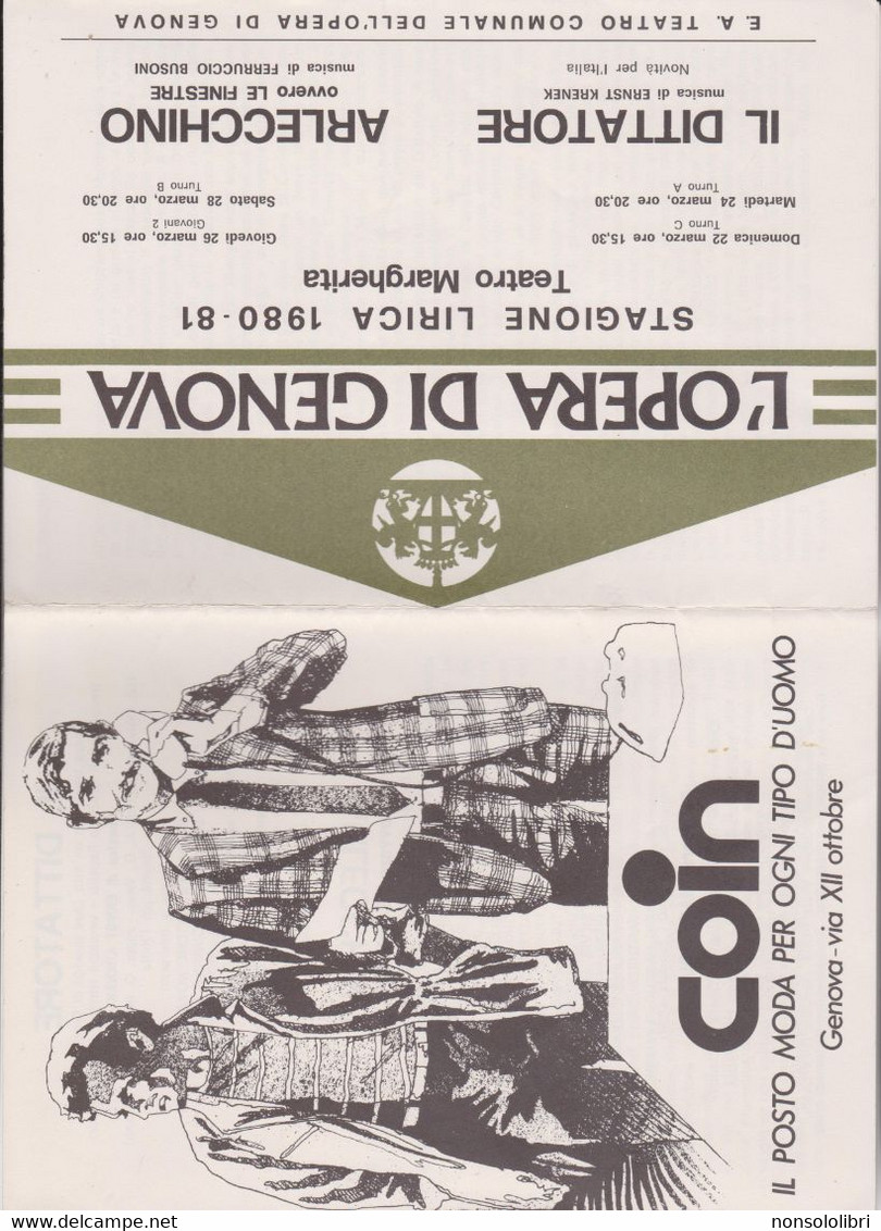LIBRETTO - PROGRAMMA  :  'OPERA   DI    GENOVA.  STAGIONE LIRICA  1980-81  -  "IL DITTATORE " +  ".ARLECCHINO " - Opéra