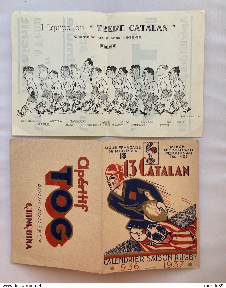 RUGBY à TREIZE Calendrier SAISON 1936-1937 - PERPIGNAN- Pub TOG -Caricature Des Champions De FRANCE 1935-1936 - Rugby